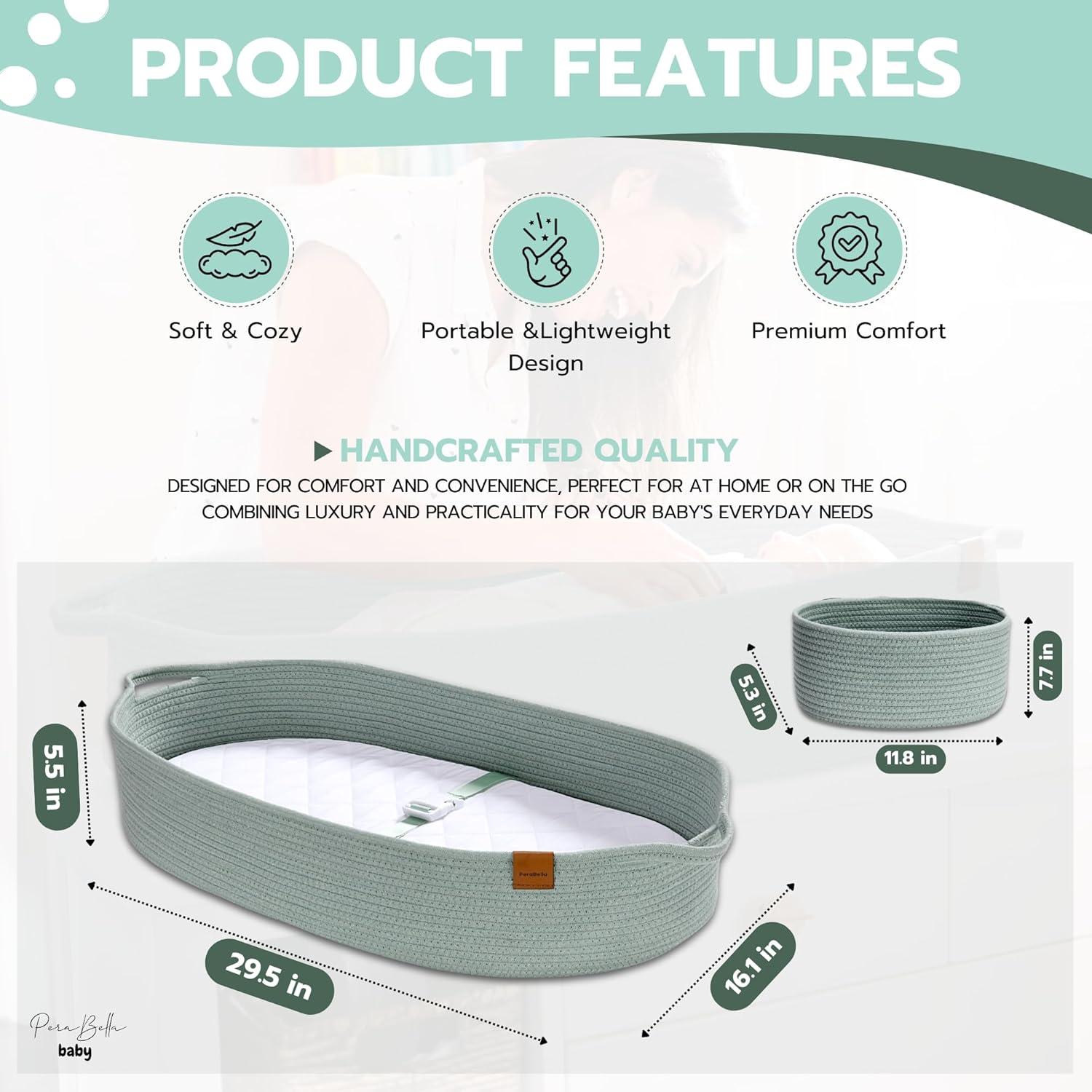 Baby Changing Basket for Baby Dresser, Moses Basket for Babies, Cotton Rope Diaper Changing Basket, Unisex Baby Moses Basket, Foam Diaper Changing Pad for Dresser, Changing Table Topper for Dresser