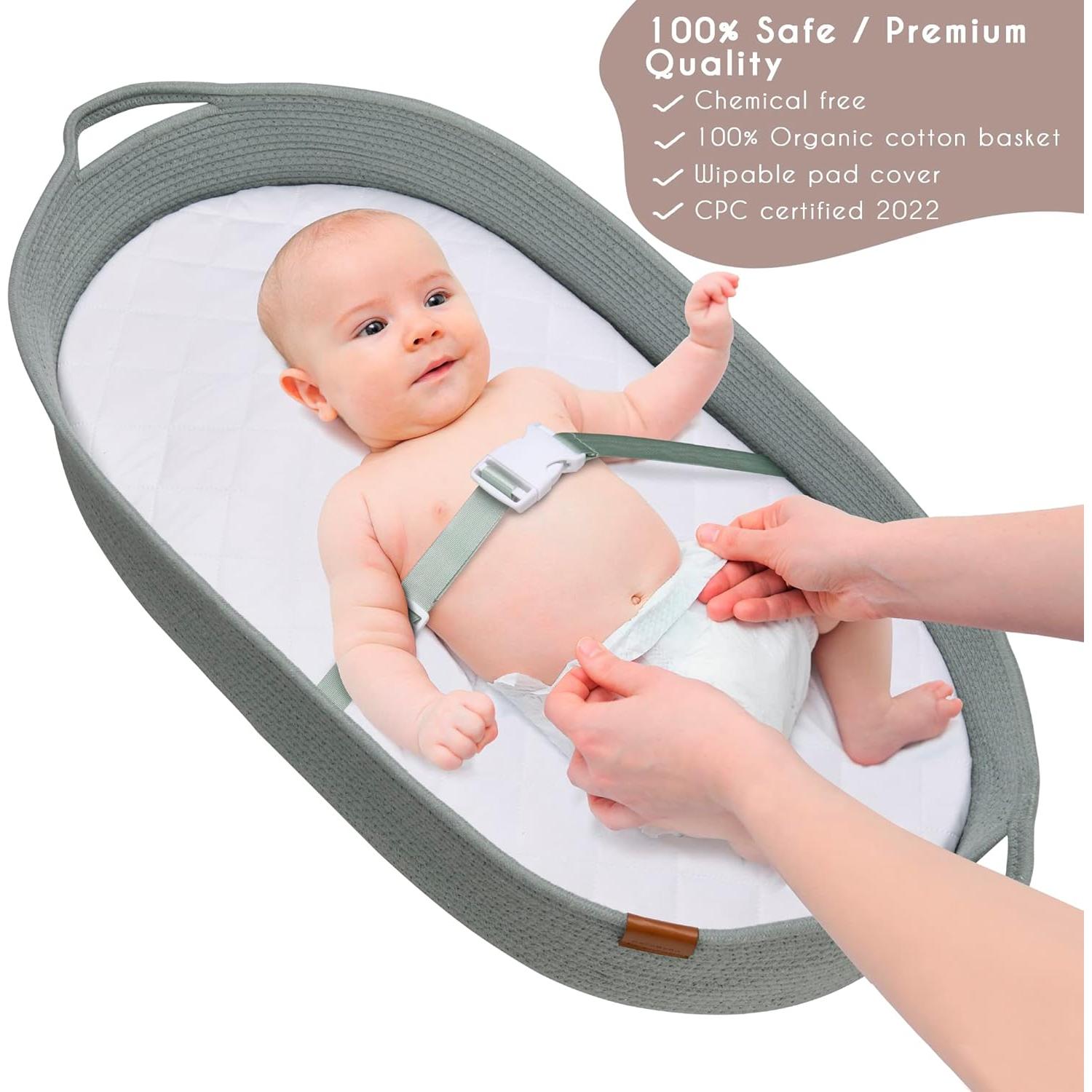 Baby Changing Basket for Baby Dresser, Moses Basket for Babies, Cotton Rope Diaper Changing Basket, Unisex Baby Moses Basket, Foam Diaper Changing Pad for Dresser, Changing Table Topper for Dresser