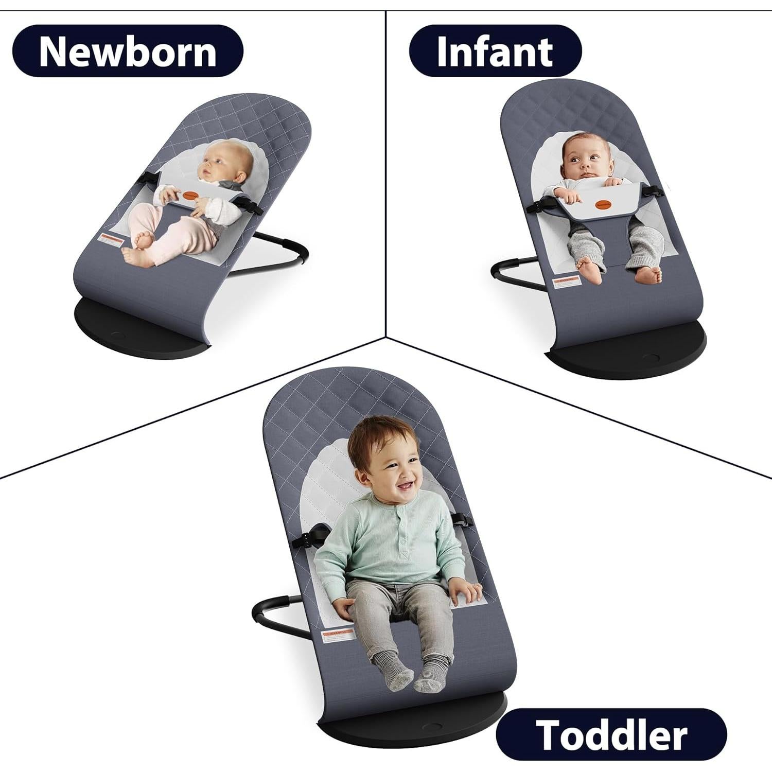 Asiento de rebote portátil para bebés Gris - 0-18 meses, 3 modos