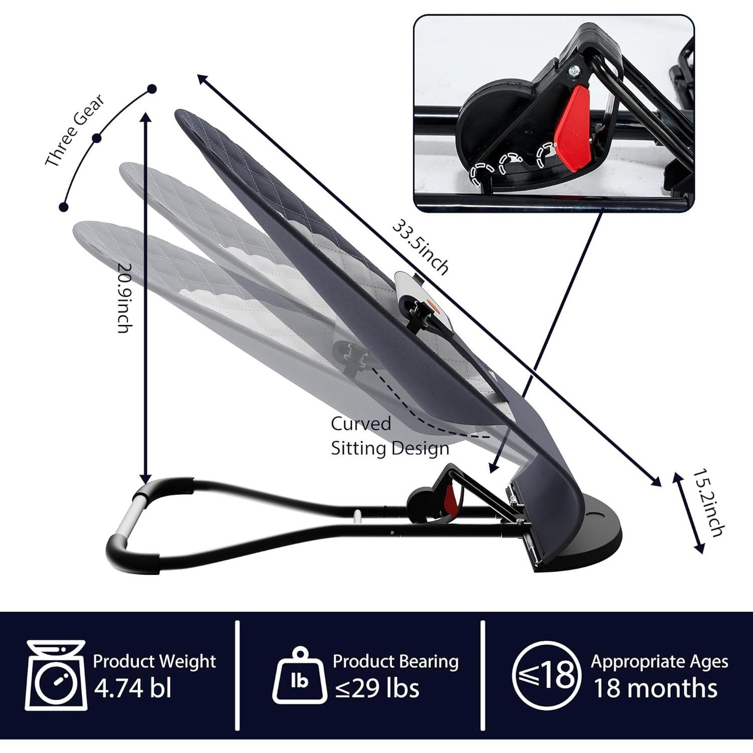 Asiento de rebote portátil para bebés Gris - 0-18 meses, 3 modos