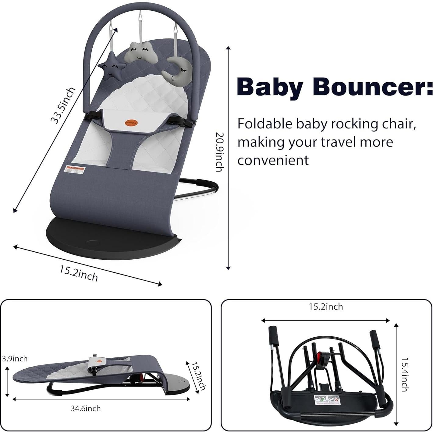 Asiento de rebote portátil para bebés Gris - 0-18 meses, 3 modos