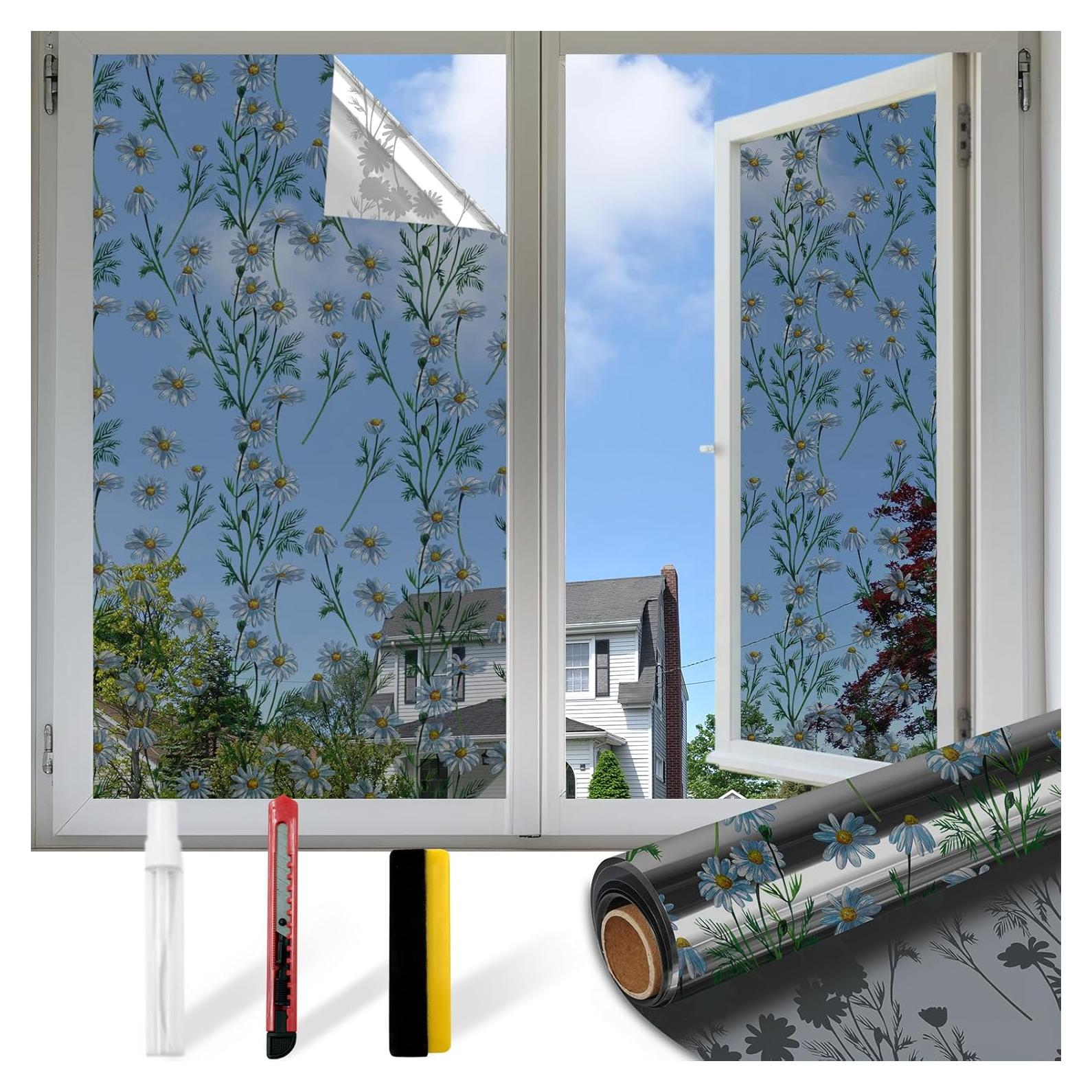 Upgraded Window Privacy Film One Way Daytime Privacy Static Cling Sun Blocking Anti UV Reflective Window Tint for Home and Office (Black - Silver（Daisy）, 17.5 X 78.7 in)