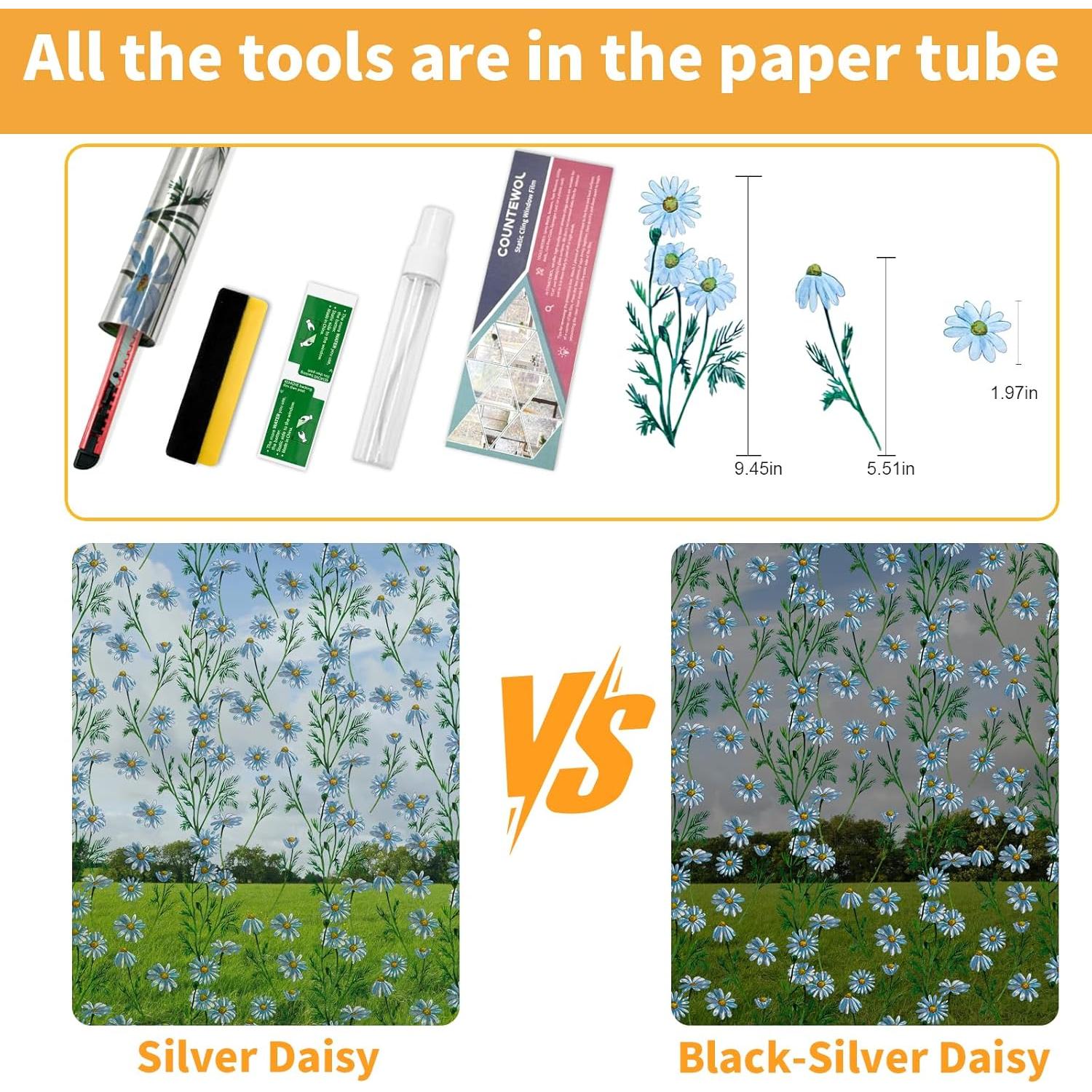 Upgraded Window Privacy Film One Way Daytime Privacy Static Cling Sun Blocking Anti UV Reflective Window Tint for Home and Office (Black - Silver（Daisy）, 17.5 X 78.7 in)