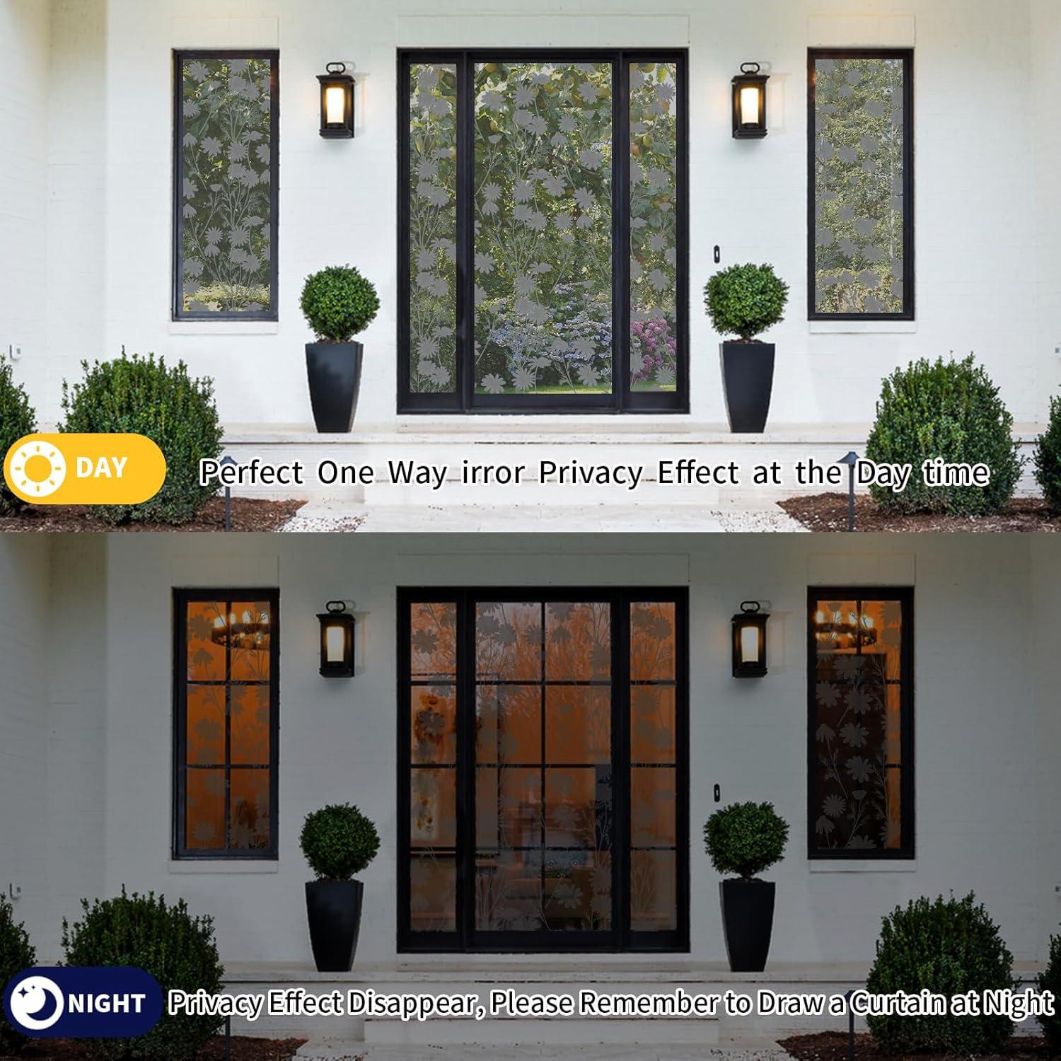 Upgraded Window Privacy Film One Way Daytime Privacy Static Cling Sun Blocking Anti UV Reflective Window Tint for Home and Office (Black - Silver（Daisy）, 17.5 X 78.7 in)