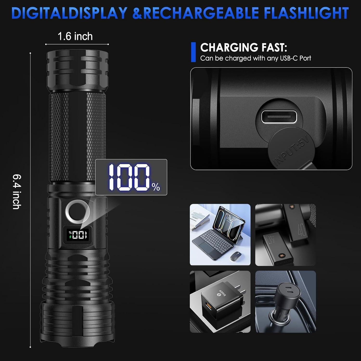 Linterna Táctica Recargable QOPOYU 90000 Lúmenes IPX7