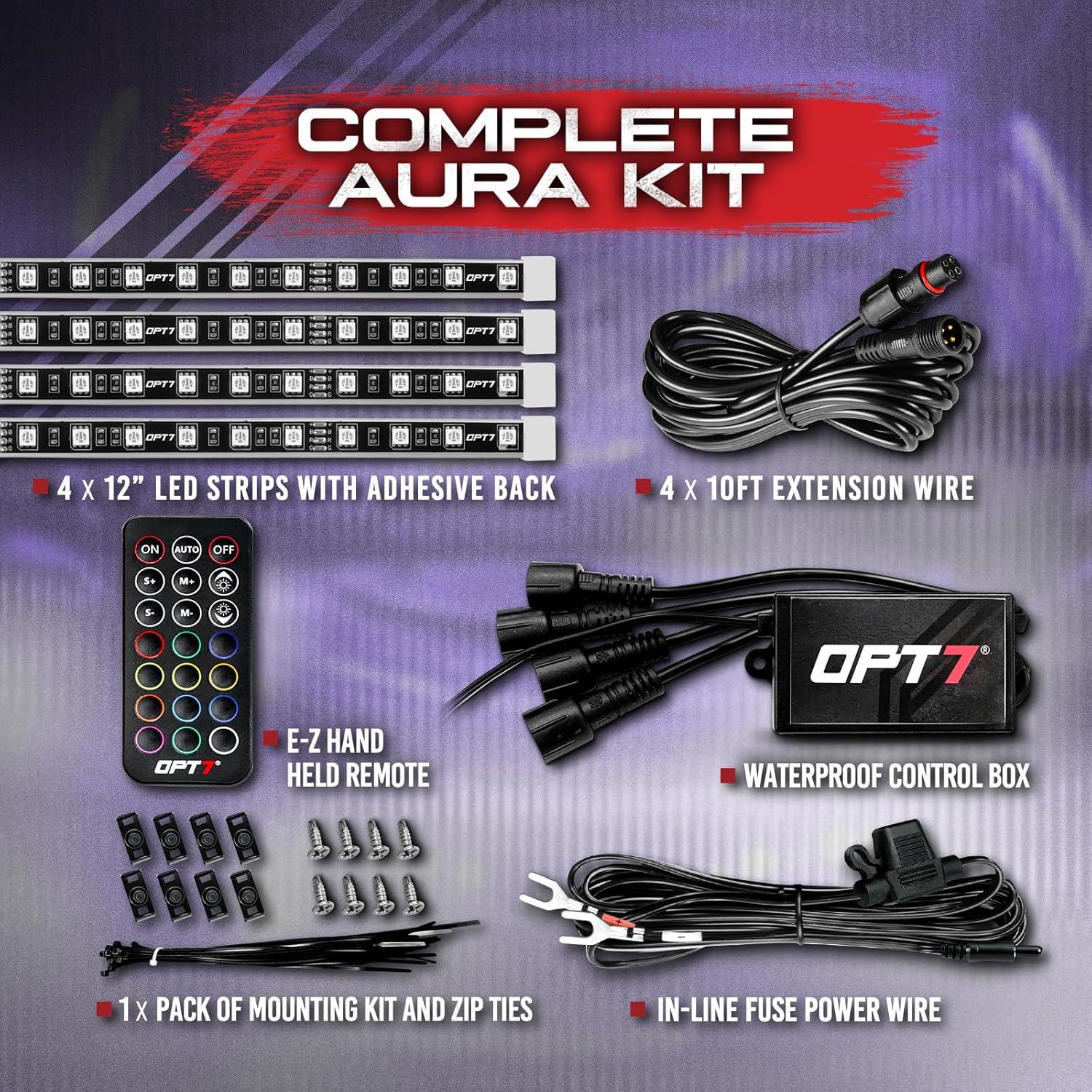 Kit de luces LED RGB OPT7 Aura para compartimento motor 4 tiras 30.48 cm