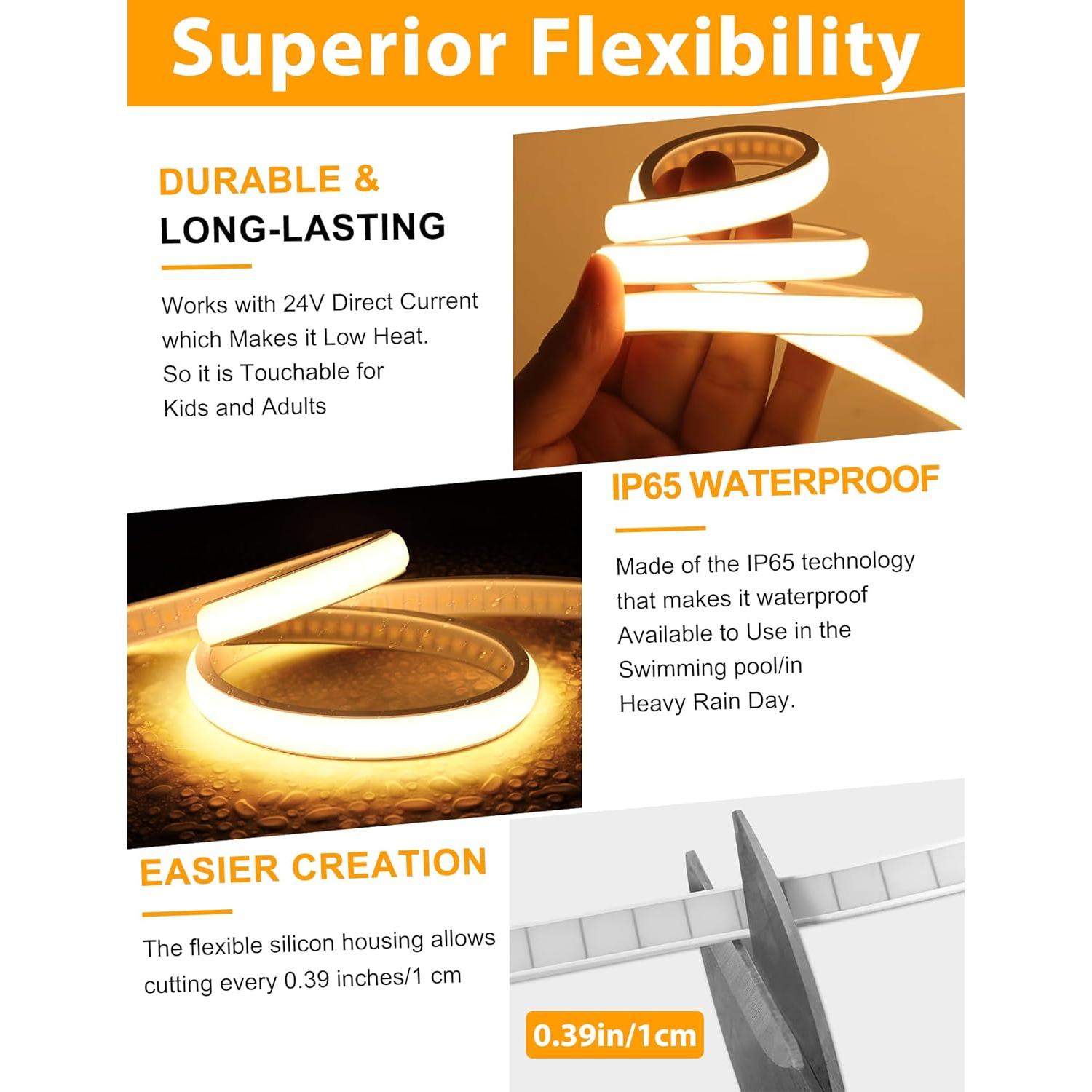 Tira de Luz LED COB 5M Lamomo Blanca Cálida Regulable con Control Remoto