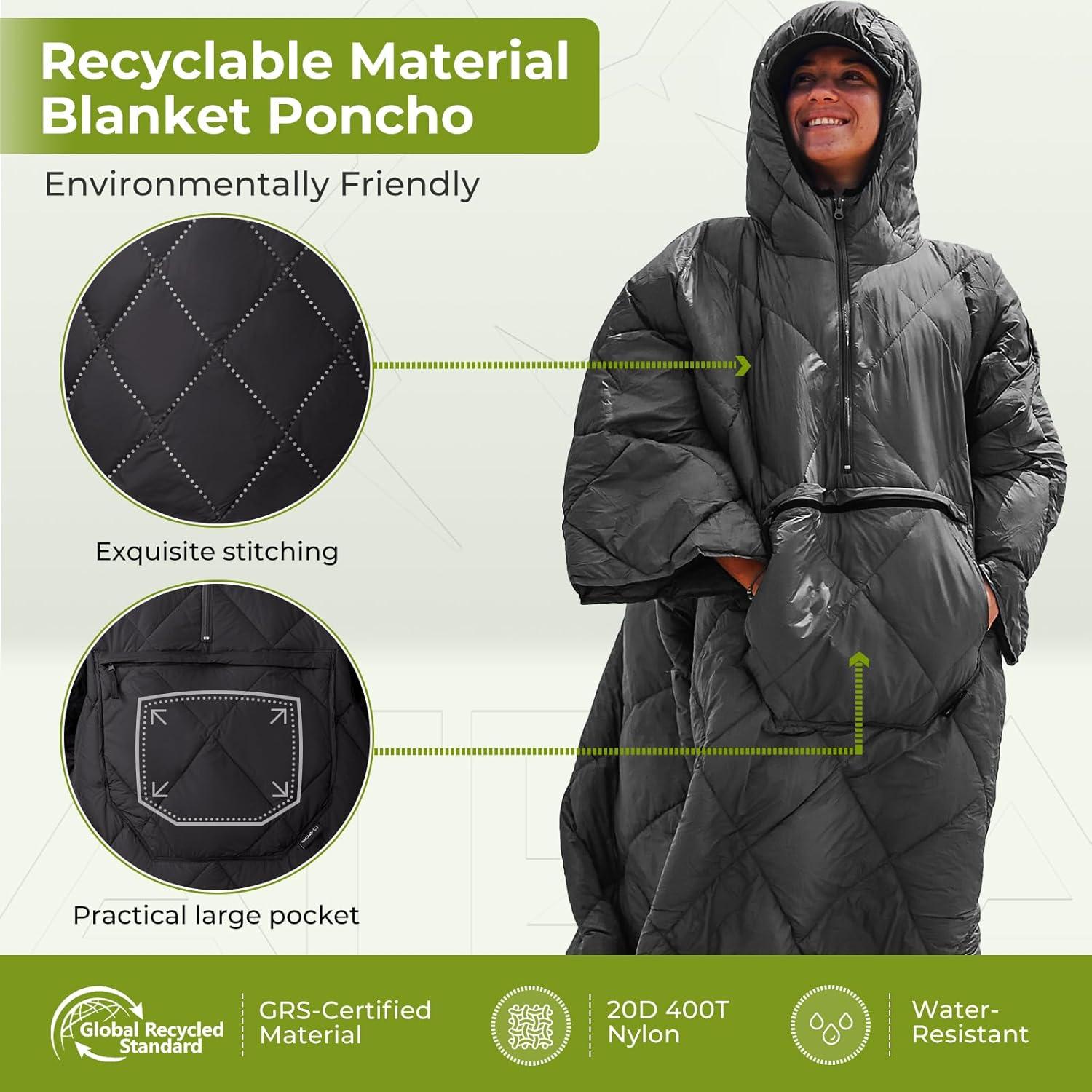 Saco de Dormir Usable ATEPA 3 en 1 Manta Poncho Negro