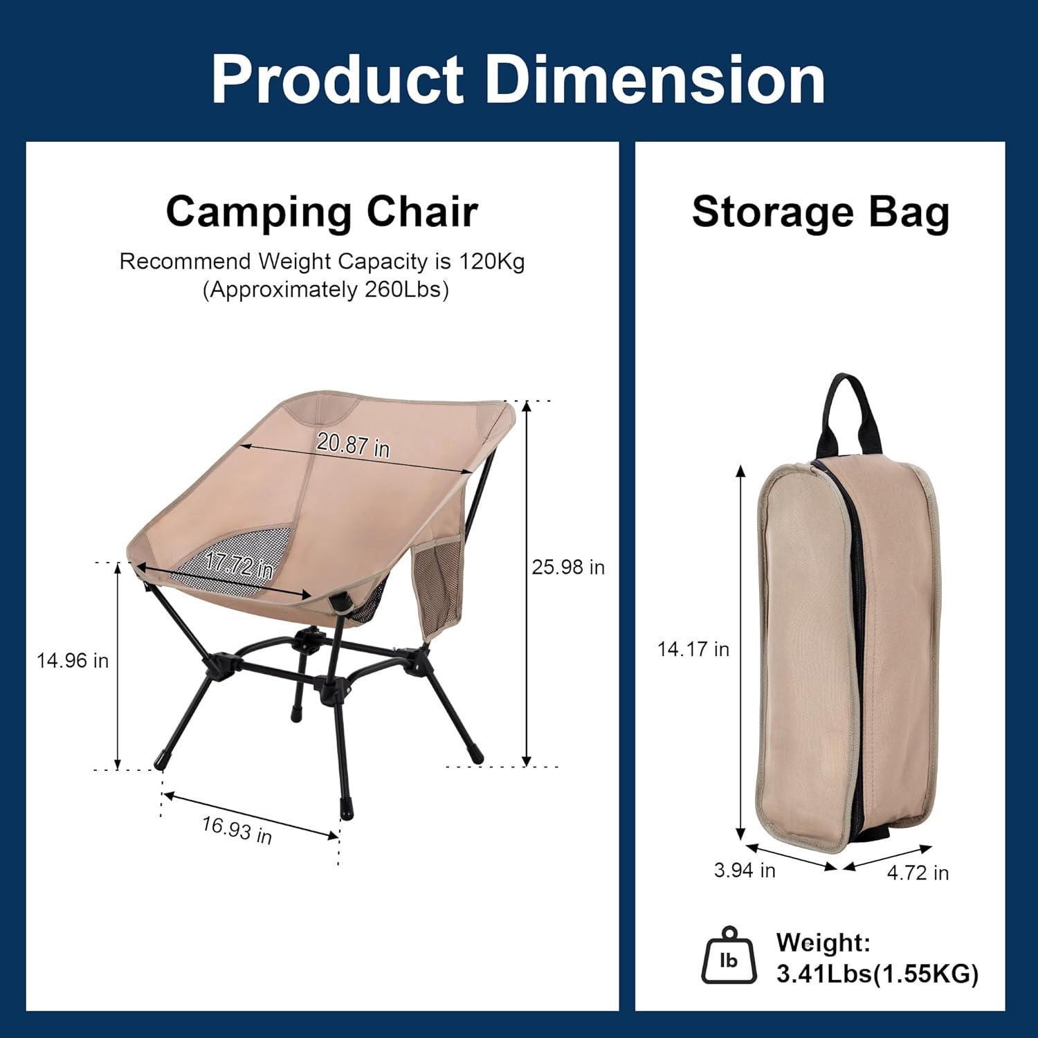 Silla de Camping Plegable TlaroRiz 600D Oxford Beige 1.55kg