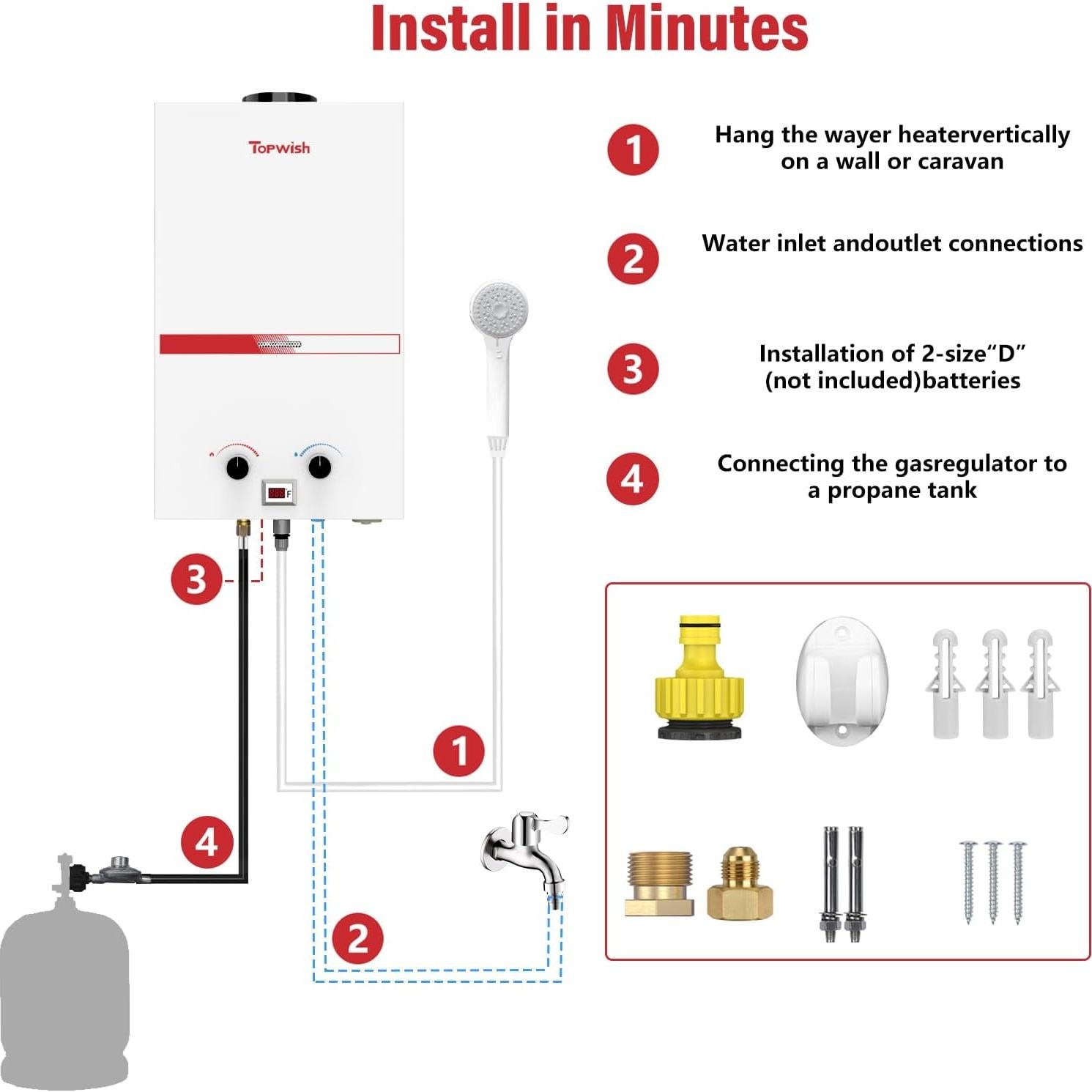 Calentador de Agua a Gas Propano Topwish 10L Portátil 2.6GPM