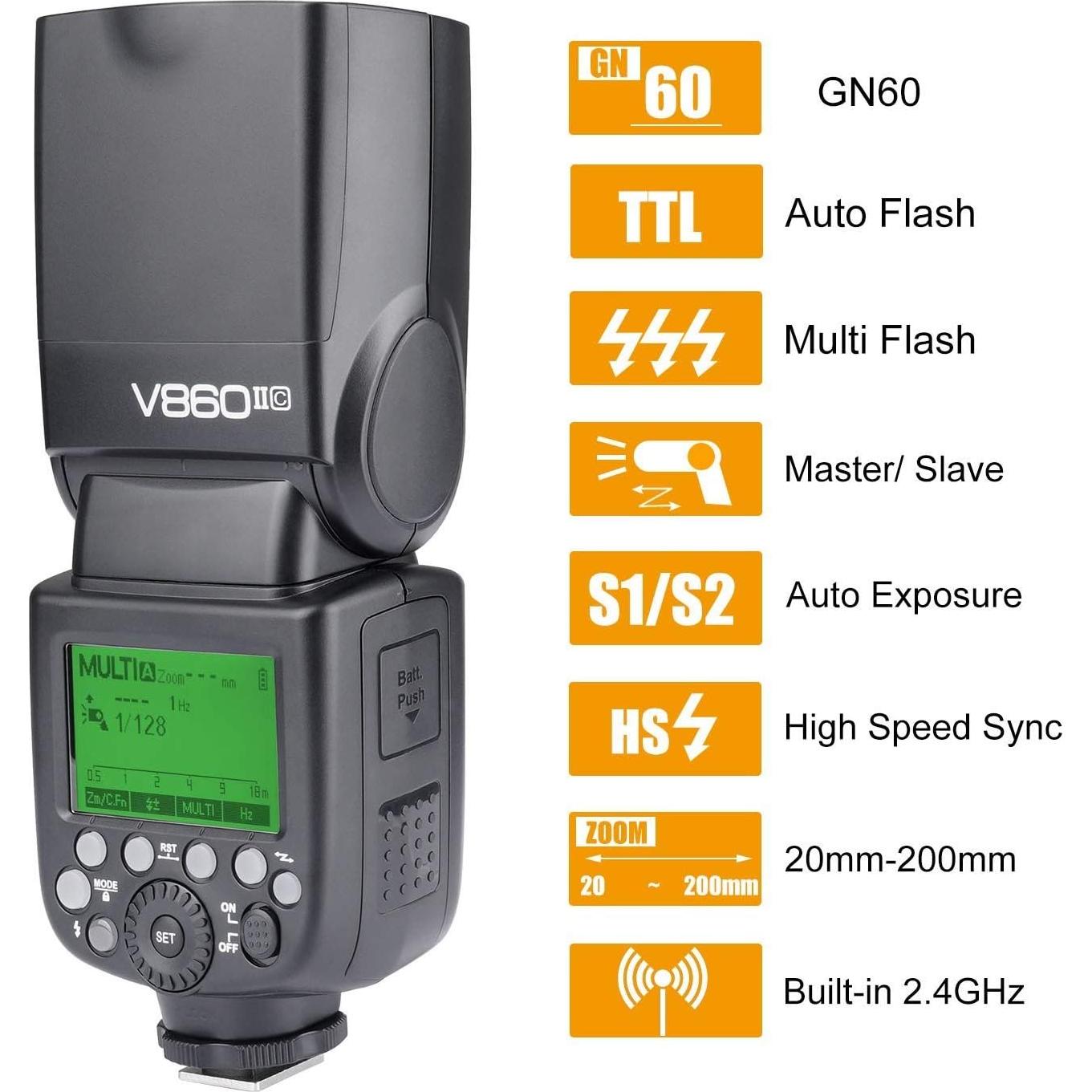 Flash Godox V860II-C E-TTL para Canon - GN60, 1.5s Reciclaje