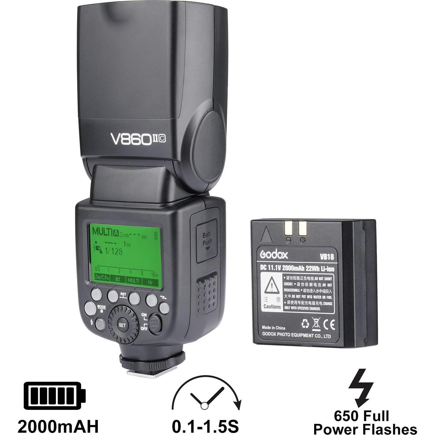 Flash Godox V860II-C E-TTL para Canon - GN60, 1.5s Reciclaje