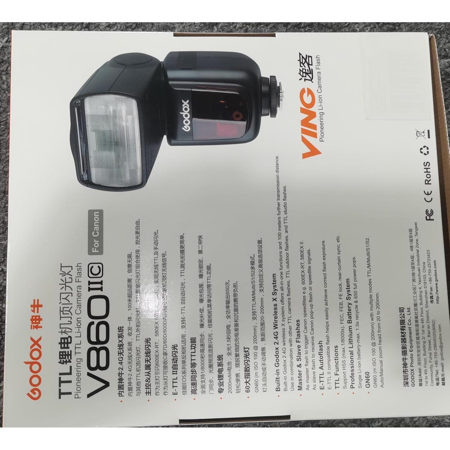 Flash Godox V860II-C E-TTL para Canon - GN60, 1.5s Reciclaje