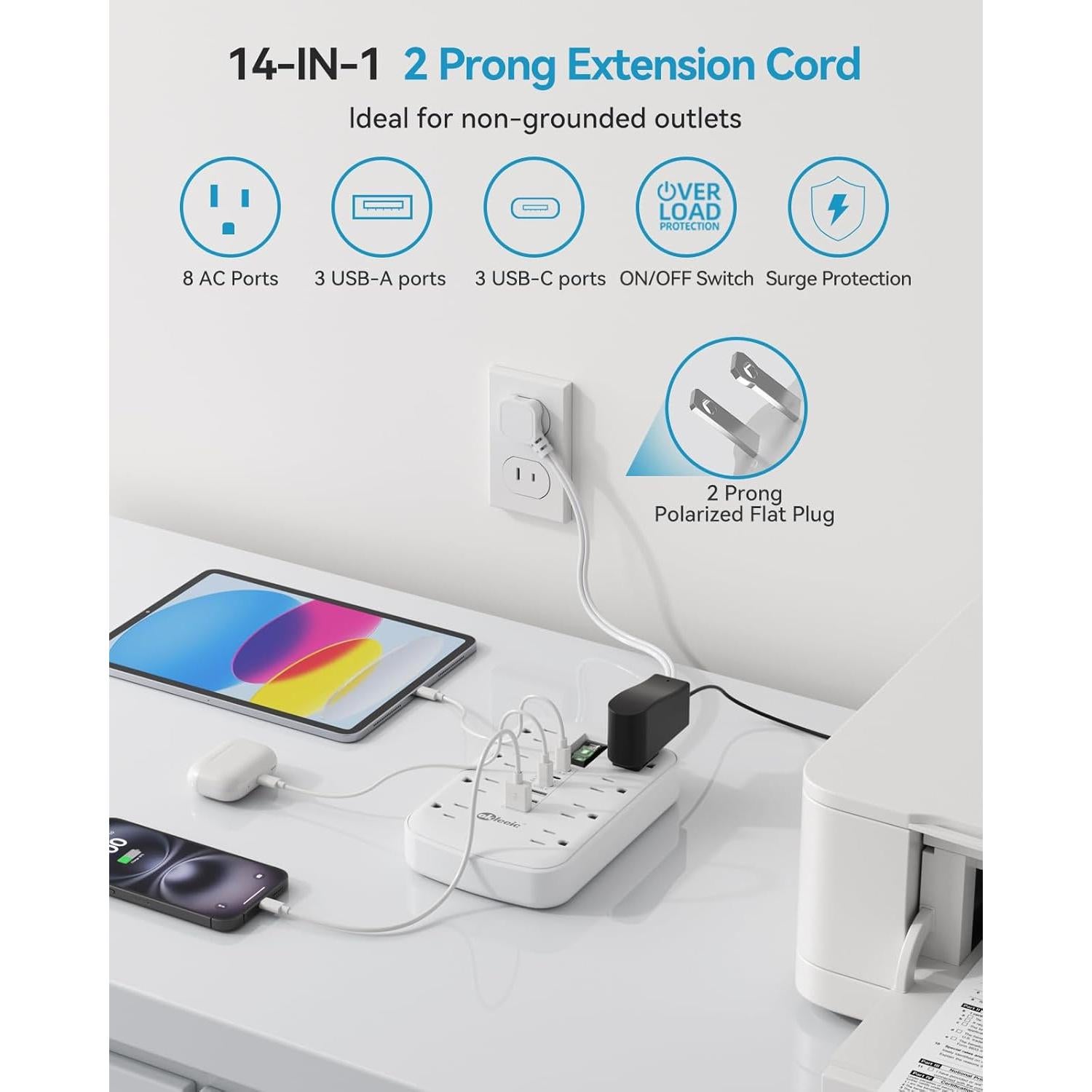 Regleta de Enchufe 2 Clavijas Okleeic 1 Pie 8 Salidas 6 USB