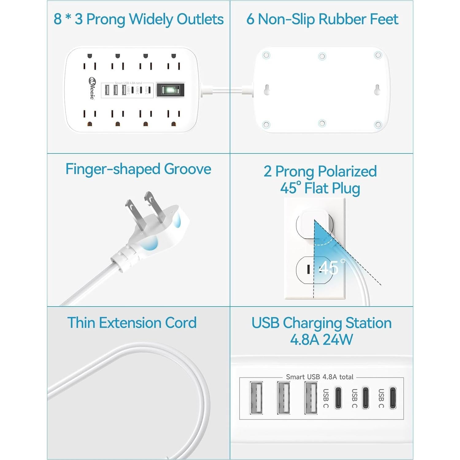Regleta de Enchufe 2 Clavijas Okleeic 1 Pie 8 Salidas 6 USB