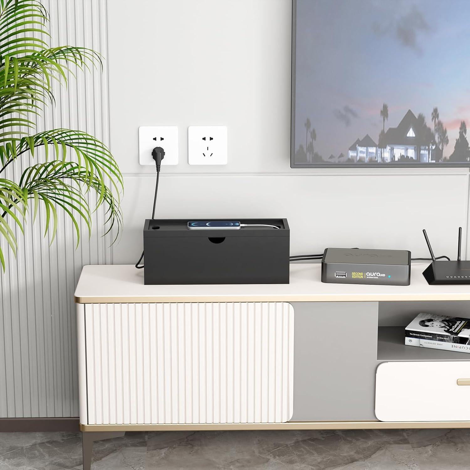 Caja de Gestión de Cables de Bambú HoVoit 35x13.68cm Negra