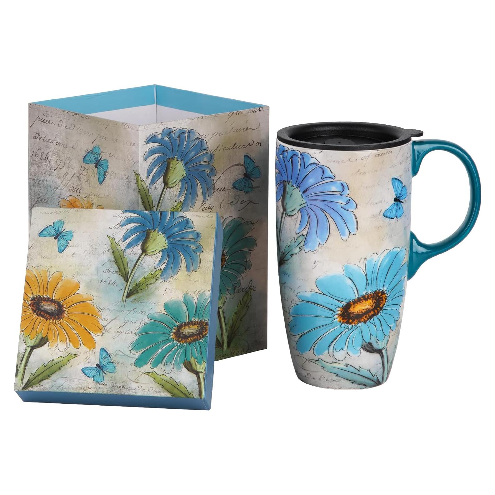 Taza de Cerámica Topadorn Floral 17oz con Tapa y Asa