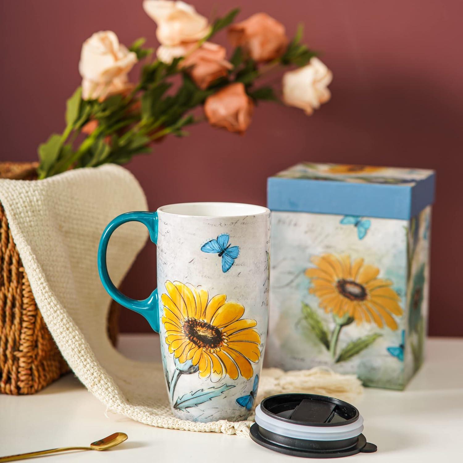 Taza de Cerámica Topadorn Floral 17oz con Tapa y Asa