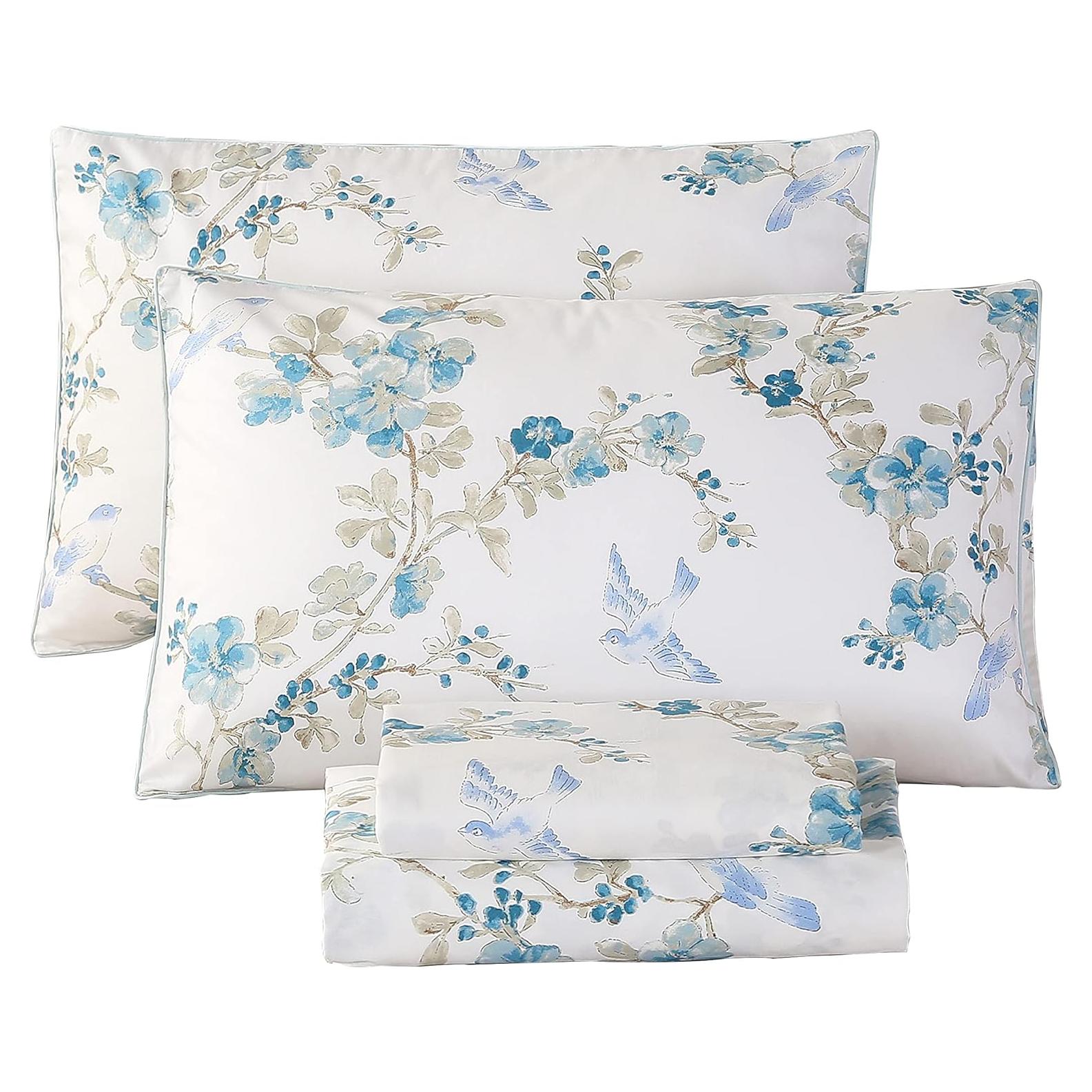 Juego de Sábanas URBONUR 100% Algodón Egipcio Completo Floral Azul