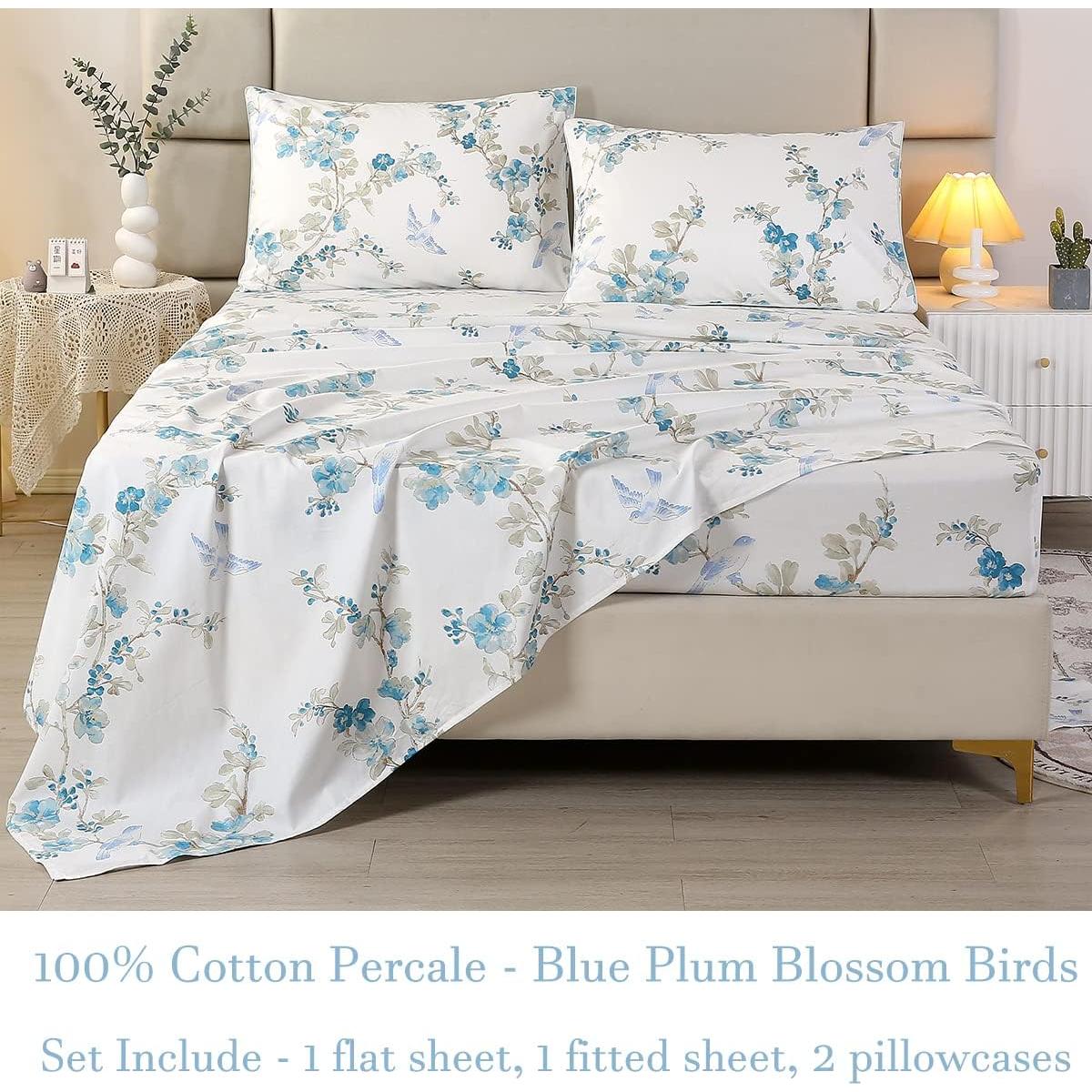 Juego de Sábanas URBONUR 100% Algodón Egipcio Completo Floral Azul