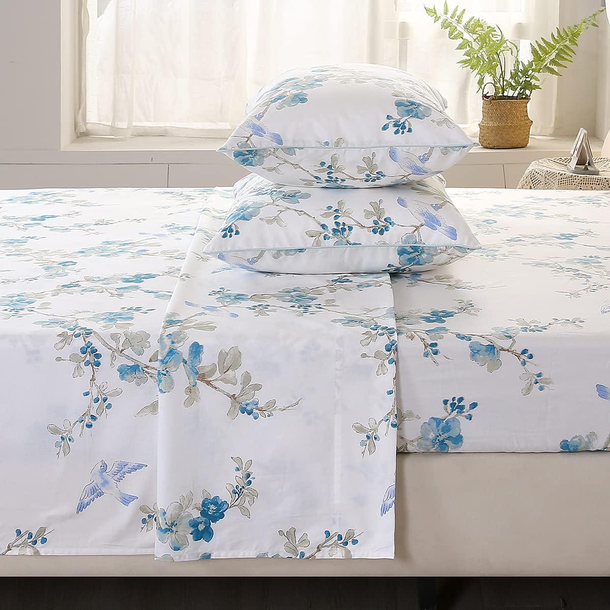 Juego de Sábanas URBONUR 100% Algodón Egipcio Completo Floral Azul