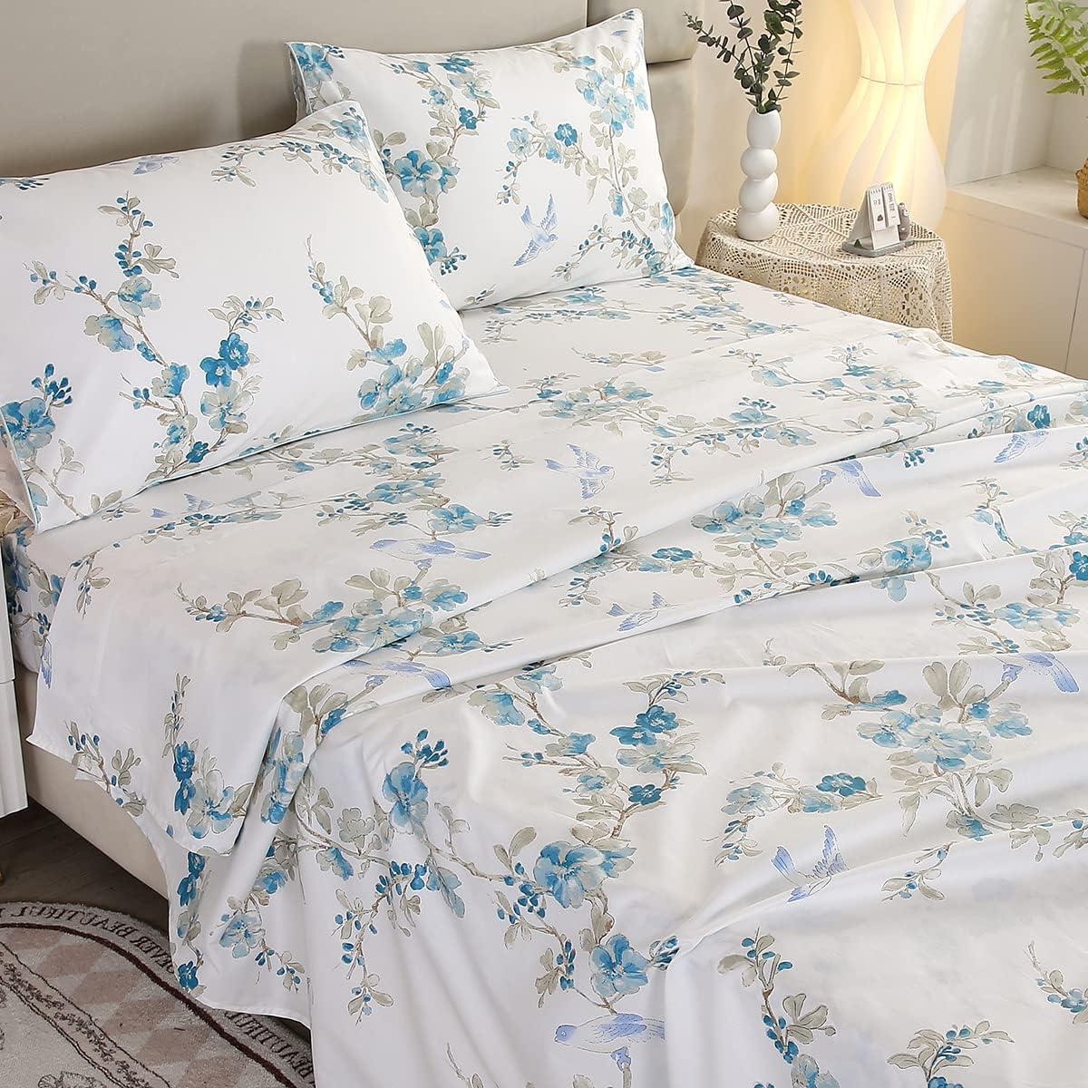 Juego de Sábanas URBONUR 100% Algodón Egipcio Completo Floral Azul