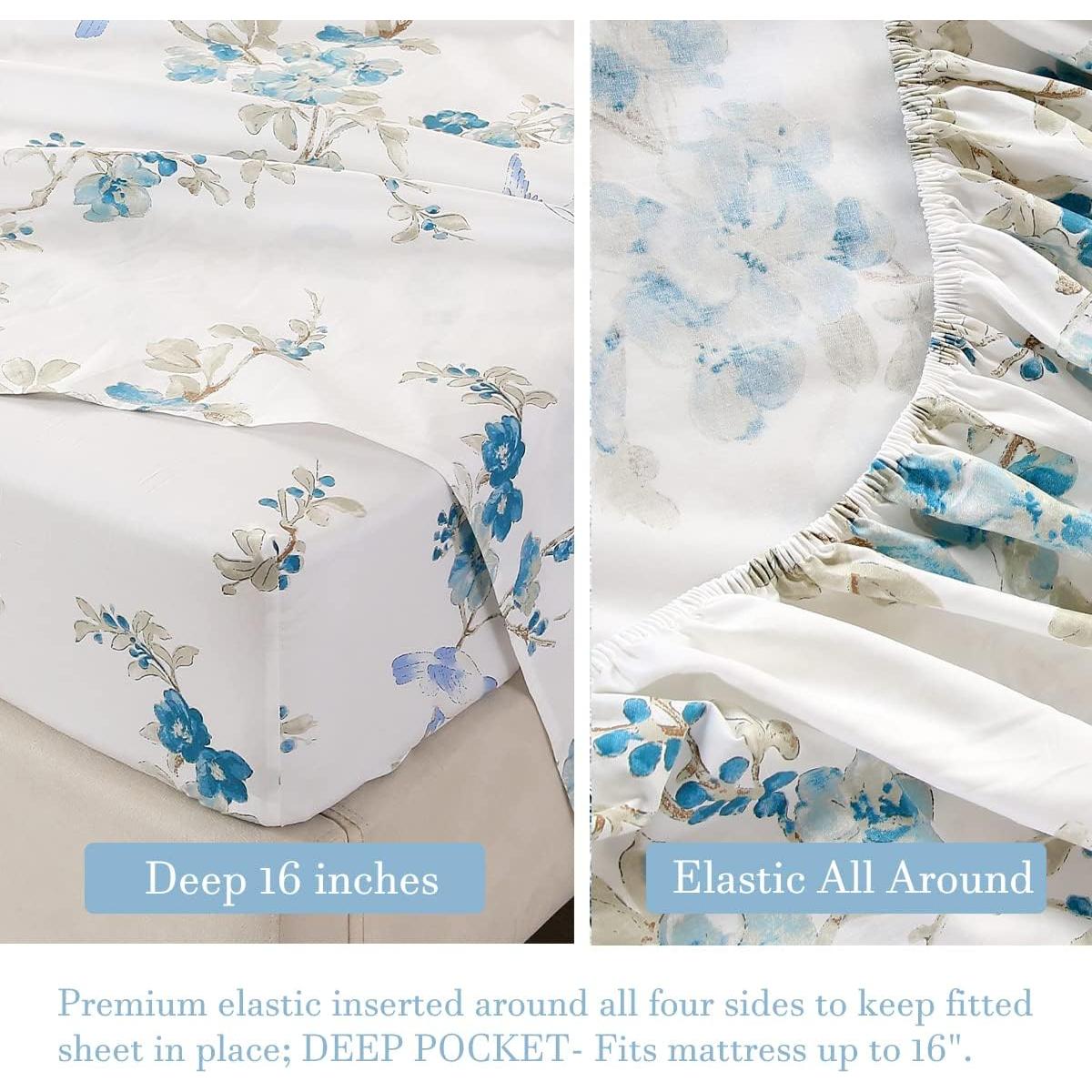 Juego de Sábanas URBONUR 100% Algodón Egipcio Completo Floral Azul