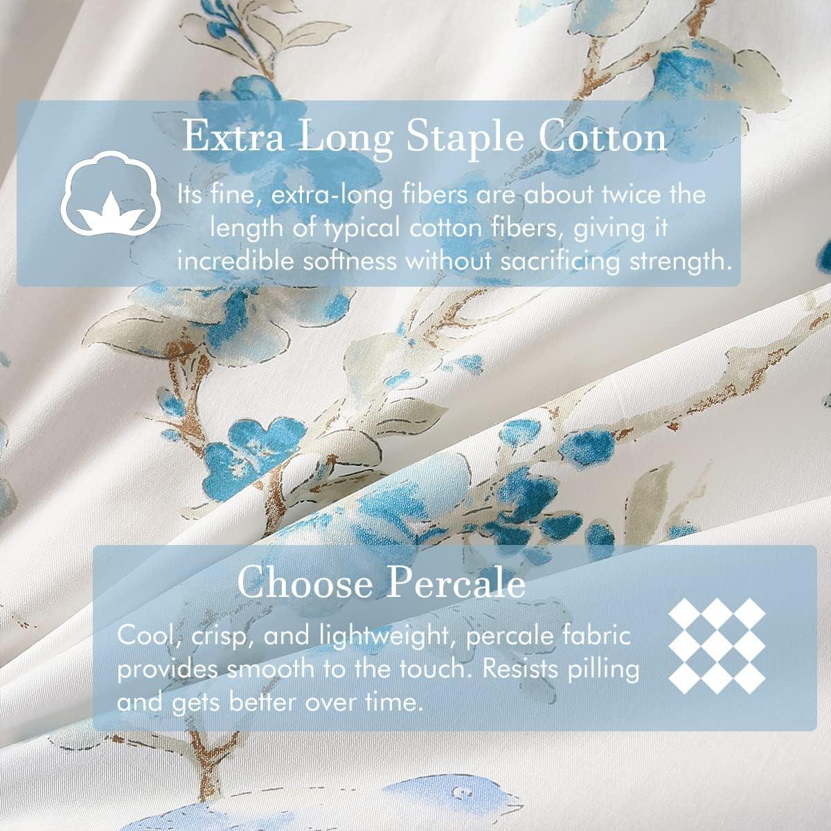 Juego de Sábanas URBONUR 100% Algodón Egipcio Completo Floral Azul