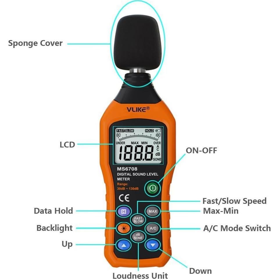 Medidor de Nivel de Sonido Digital VLIKE VL6708 30-130 dB