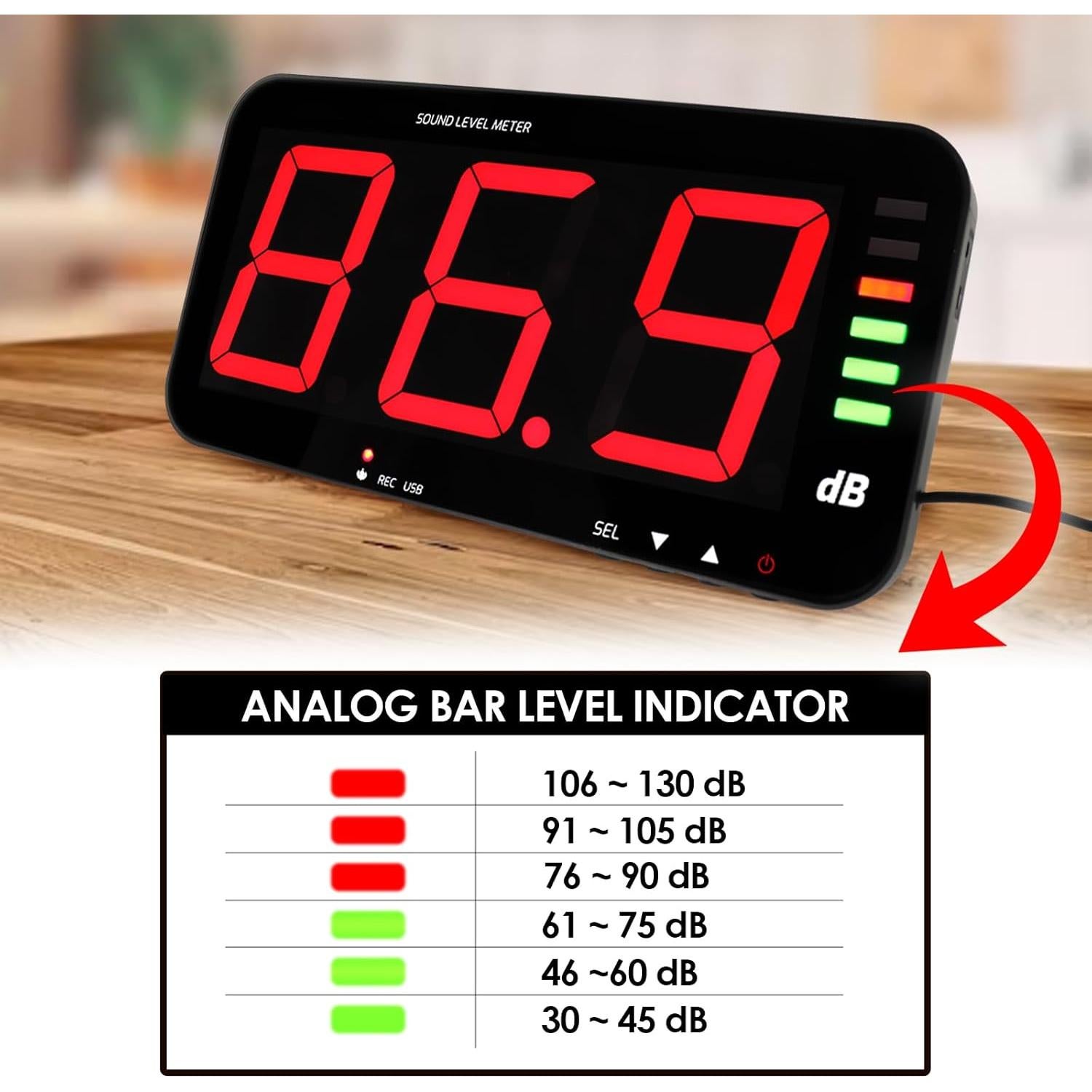 Medidor de Decibelios Landtek con Pantalla LCD 33 cm y Sensor 5 m