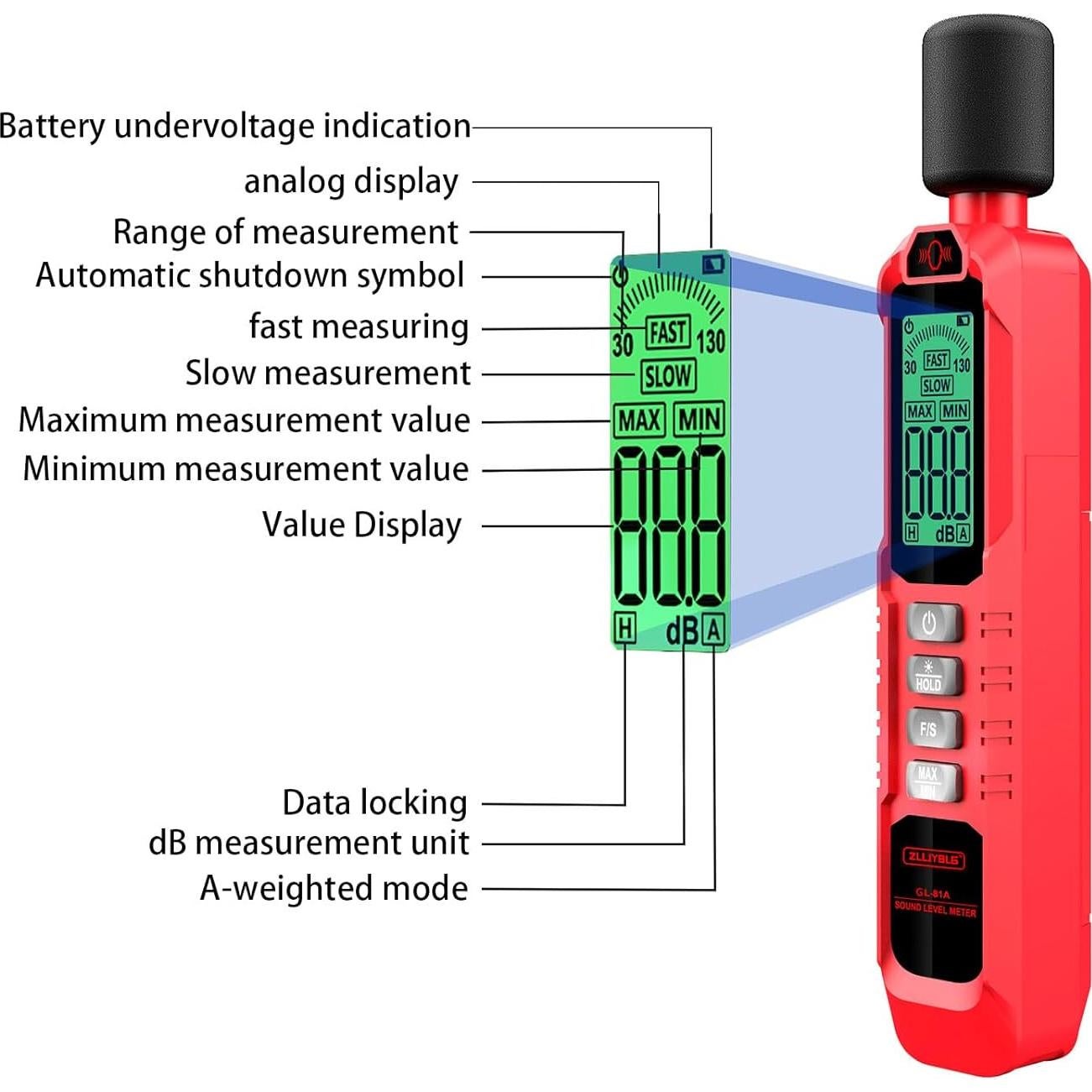 Medidor de Decibelios GL81A Digital con Pantalla LCD 30-130dB