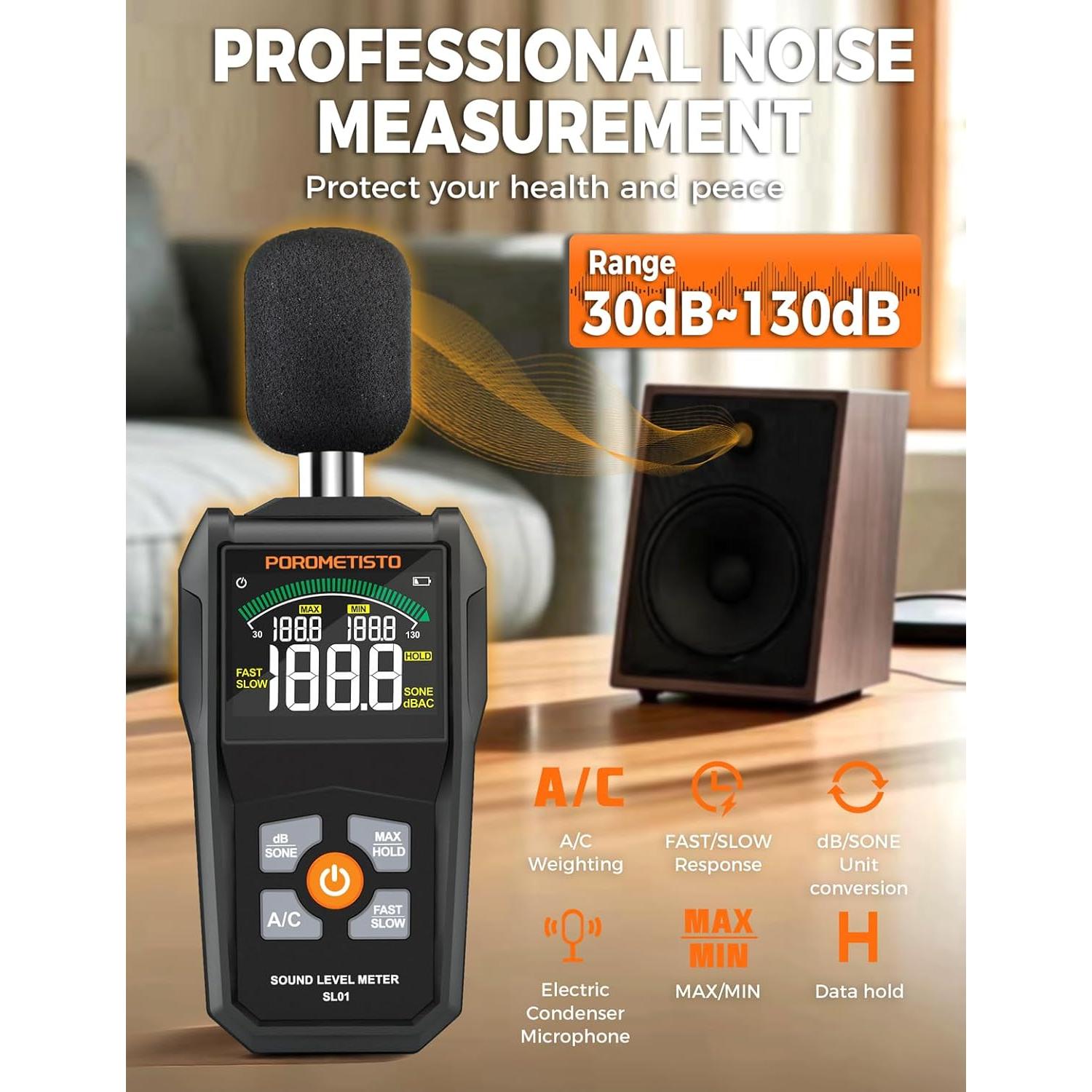 Medidor de Decibelios POROMETISTO SL01 30-130dB SPL Digital