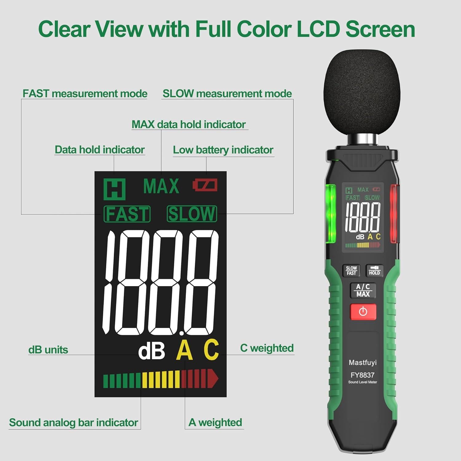 Medidor de Decibelios Mastfuyi FY8837 30-130 dB Digital LCD
