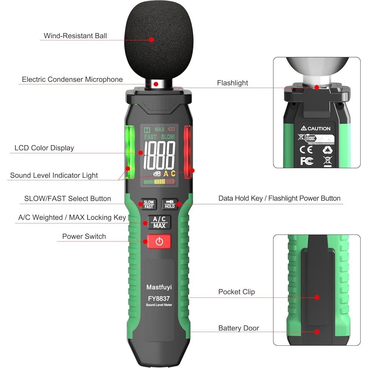 Medidor de Decibelios Mastfuyi FY8837 30-130 dB Digital LCD