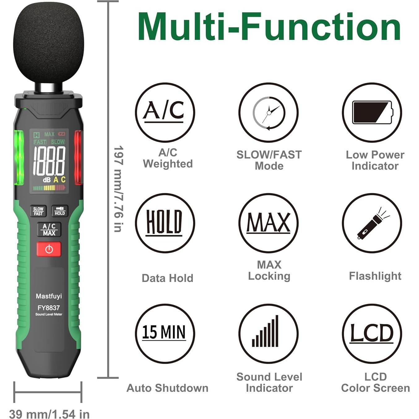 Medidor de Decibelios Mastfuyi FY8837 30-130 dB Digital LCD