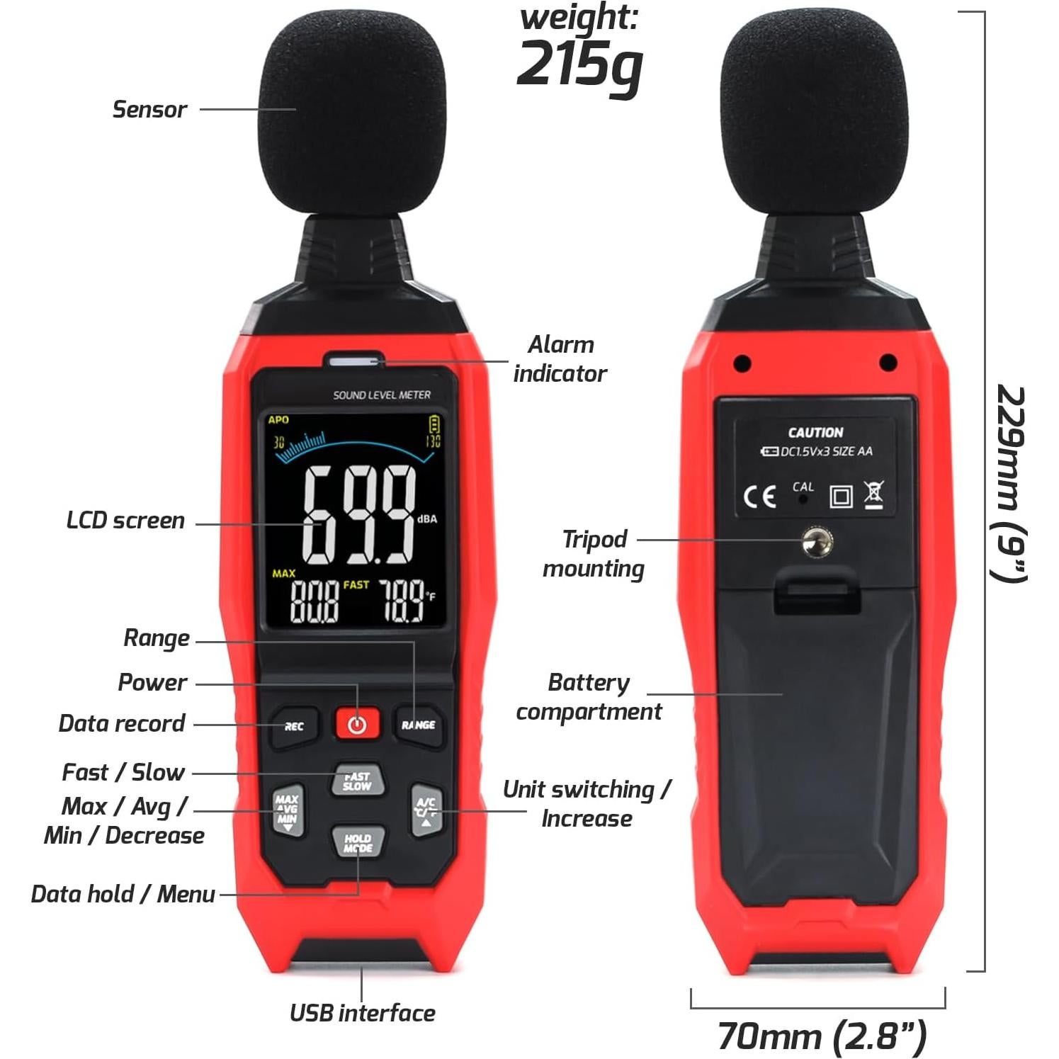 Medidor de Decibelios DANOPLUS DP-390R3 30-130dB con Alarma