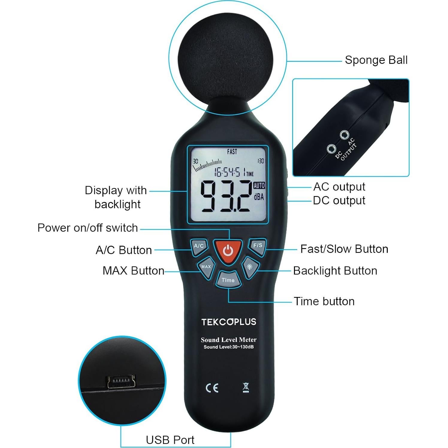 Medidor de Decibelios Tekcoplus SLM24TK LCD 30-130dBA