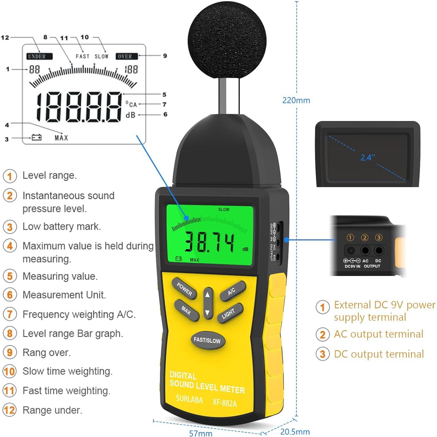 Medidor de Decibelios SURLABA 882A 30-130 dB Digital con Retroiluminación