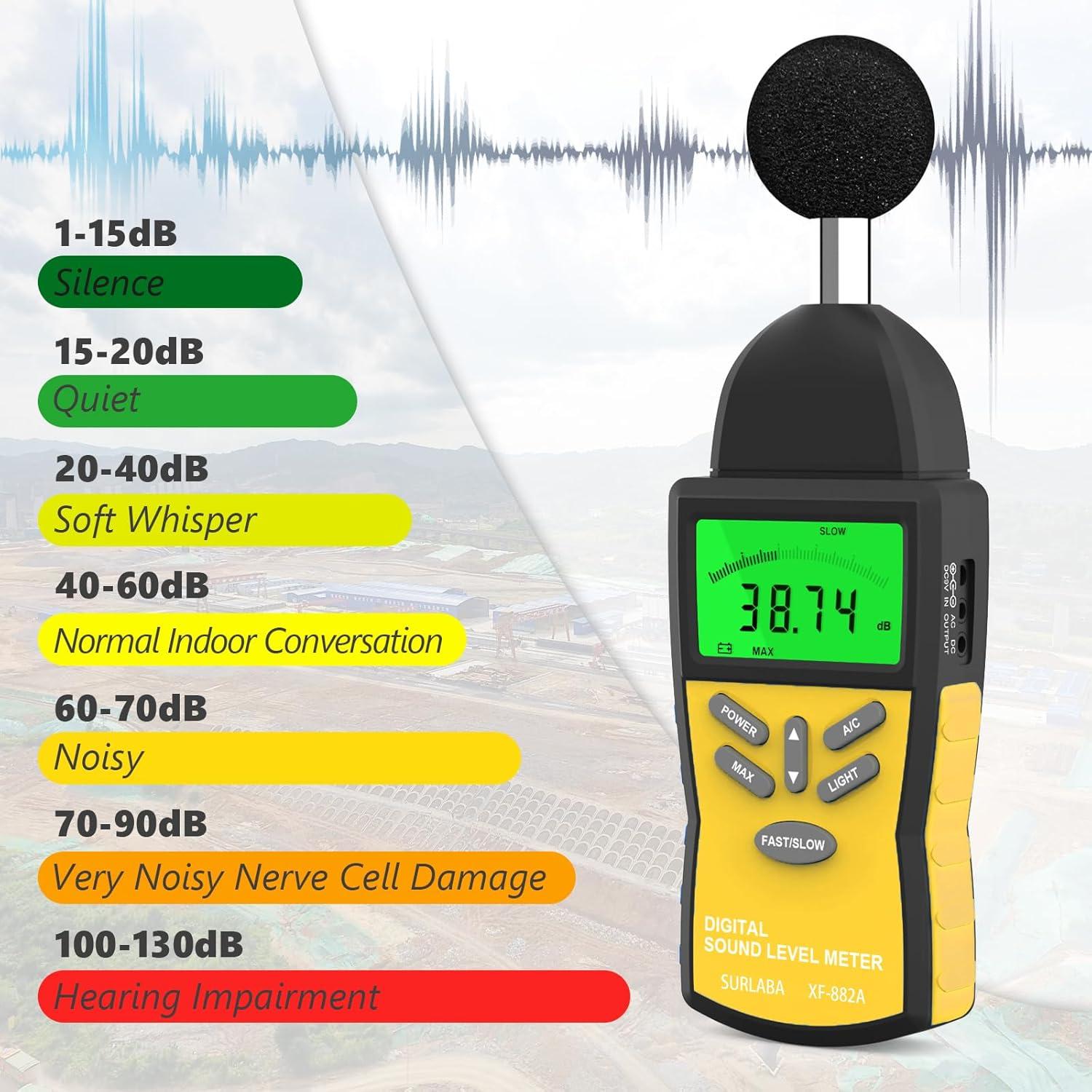 Medidor de Decibelios SURLABA 882A 30-130 dB Digital con Retroiluminación