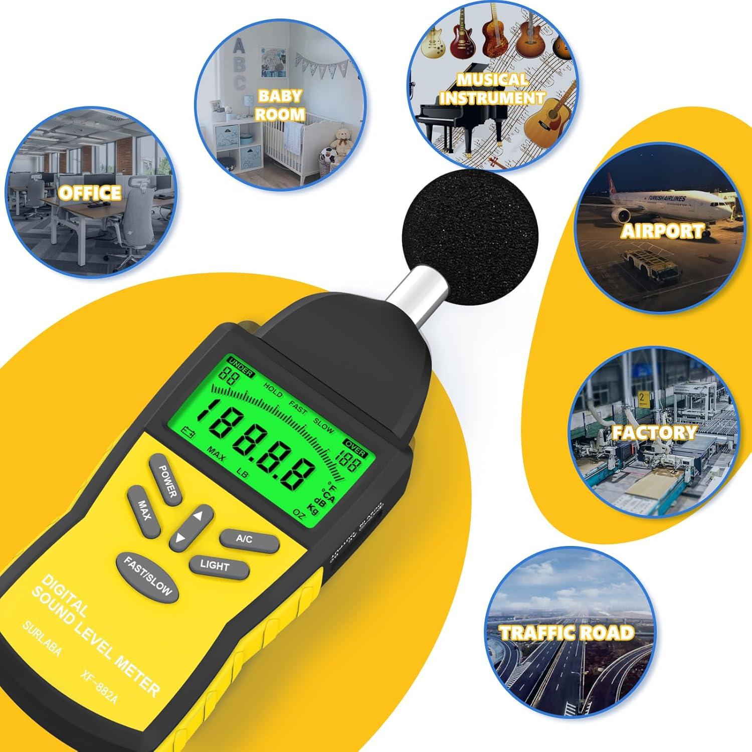 Medidor de Decibelios SURLABA 882A 30-130 dB Digital con Retroiluminación