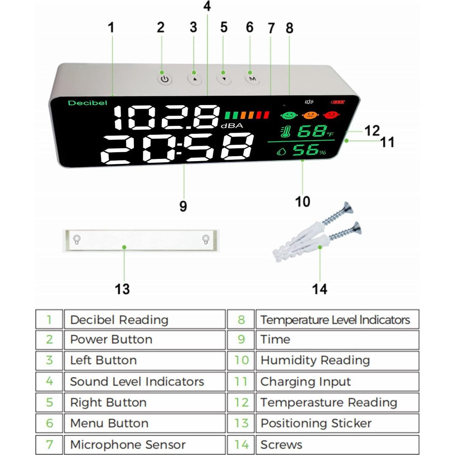Medidor de Decibelios Diydeg 4 en 1 Pantalla LED 11"