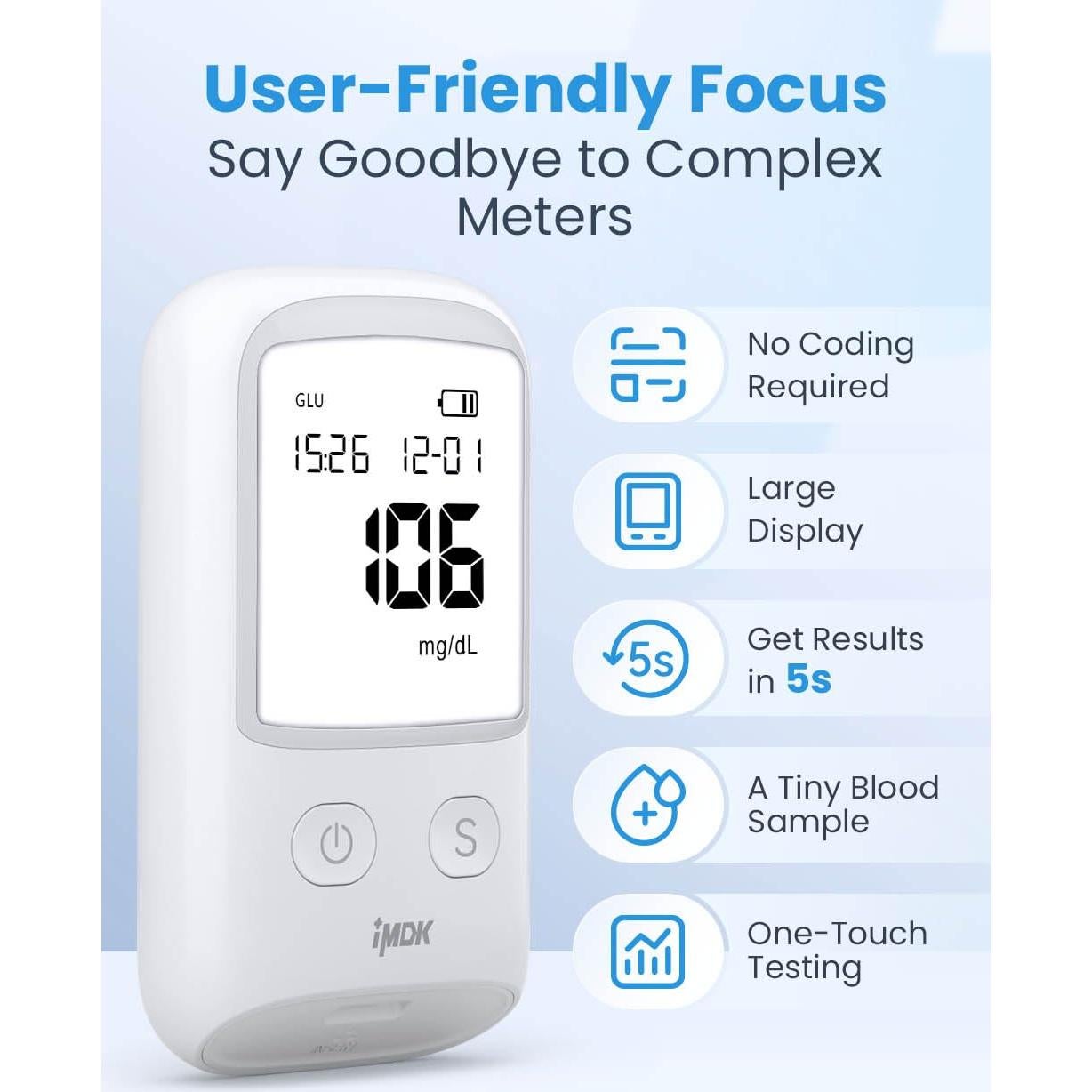 Kit de Monitor de Glucosa IMDK con 100 Tiras y 100 Lancetas
