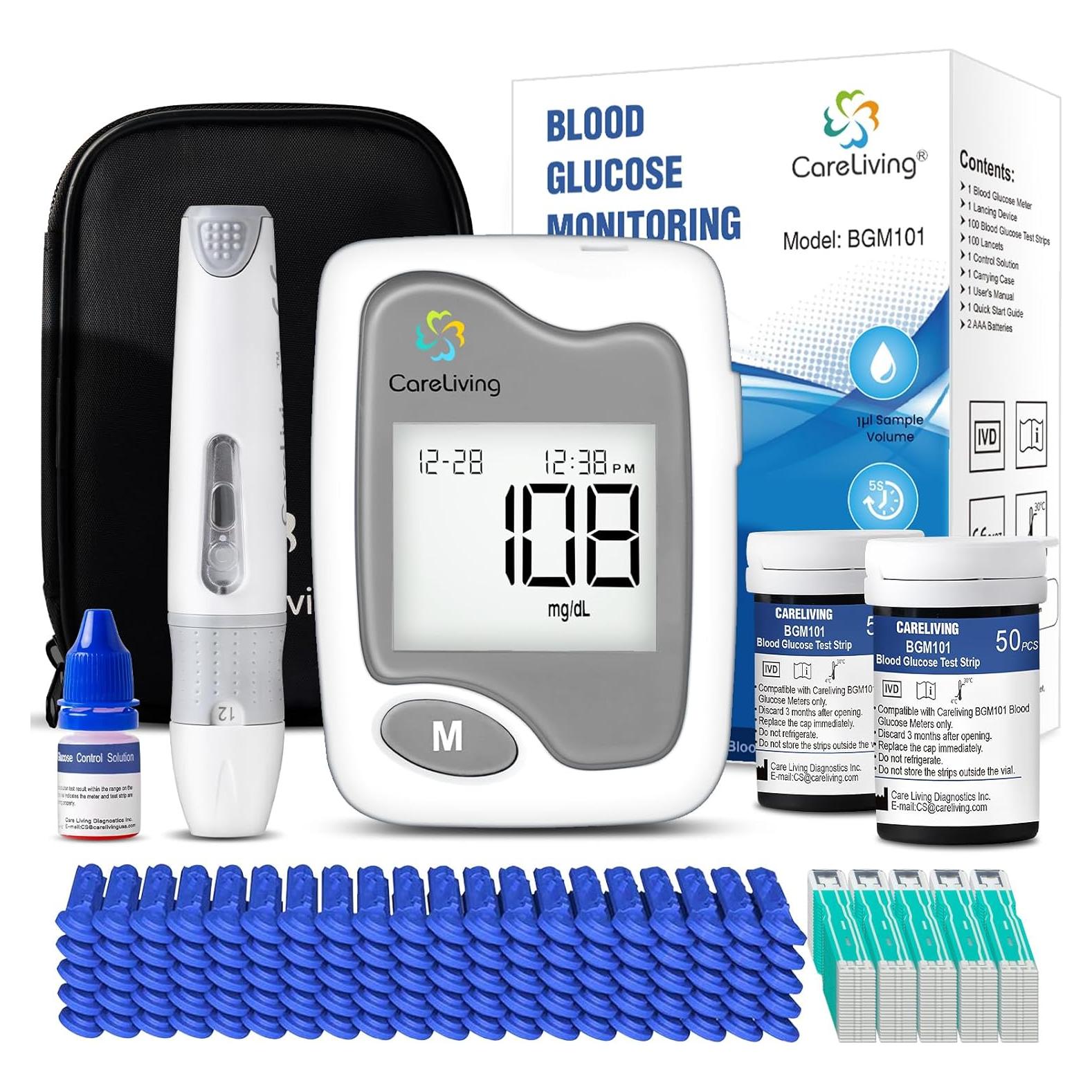 Kit de Monitor de Glucosa Careliving BGM101 con 100 Tiras y Lancetas