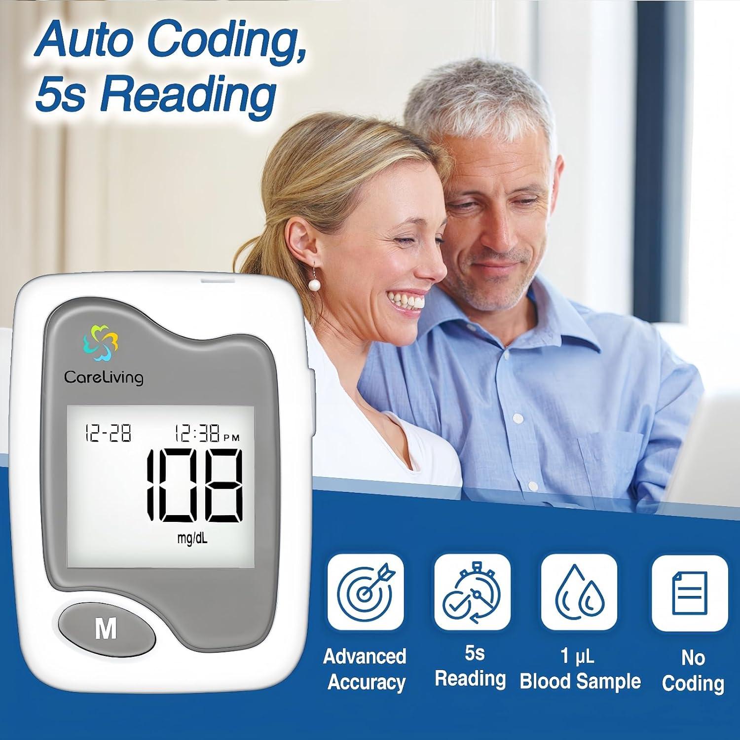 Kit de Monitor de Glucosa Careliving BGM101 con 100 Tiras y Lancetas