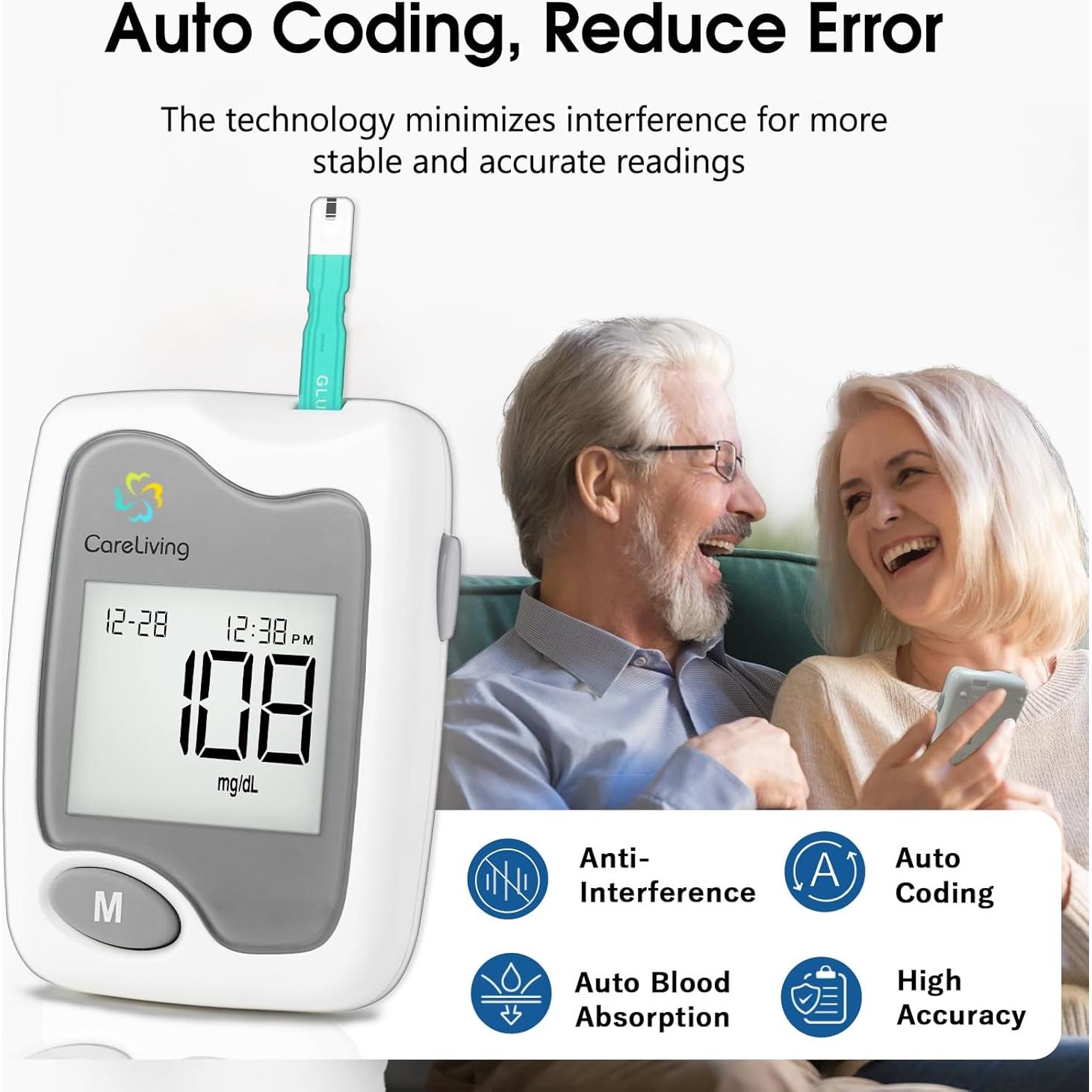 Kit de Monitor de Glucosa Careliving BGM101 con 100 Tiras y Lancetas