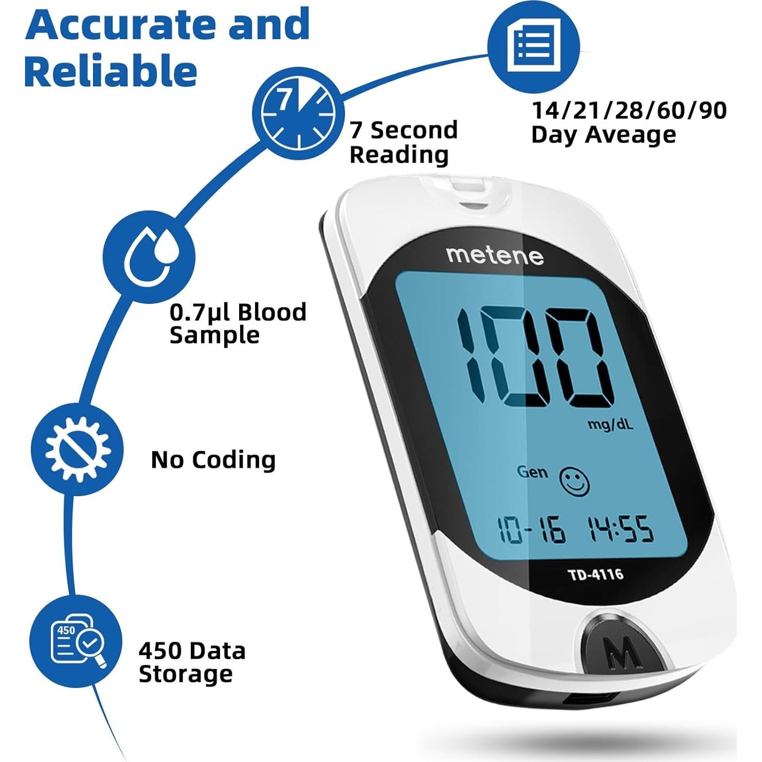 Kit de Glucometro Metene TD-4116 con 150 Tiras y Lancetas