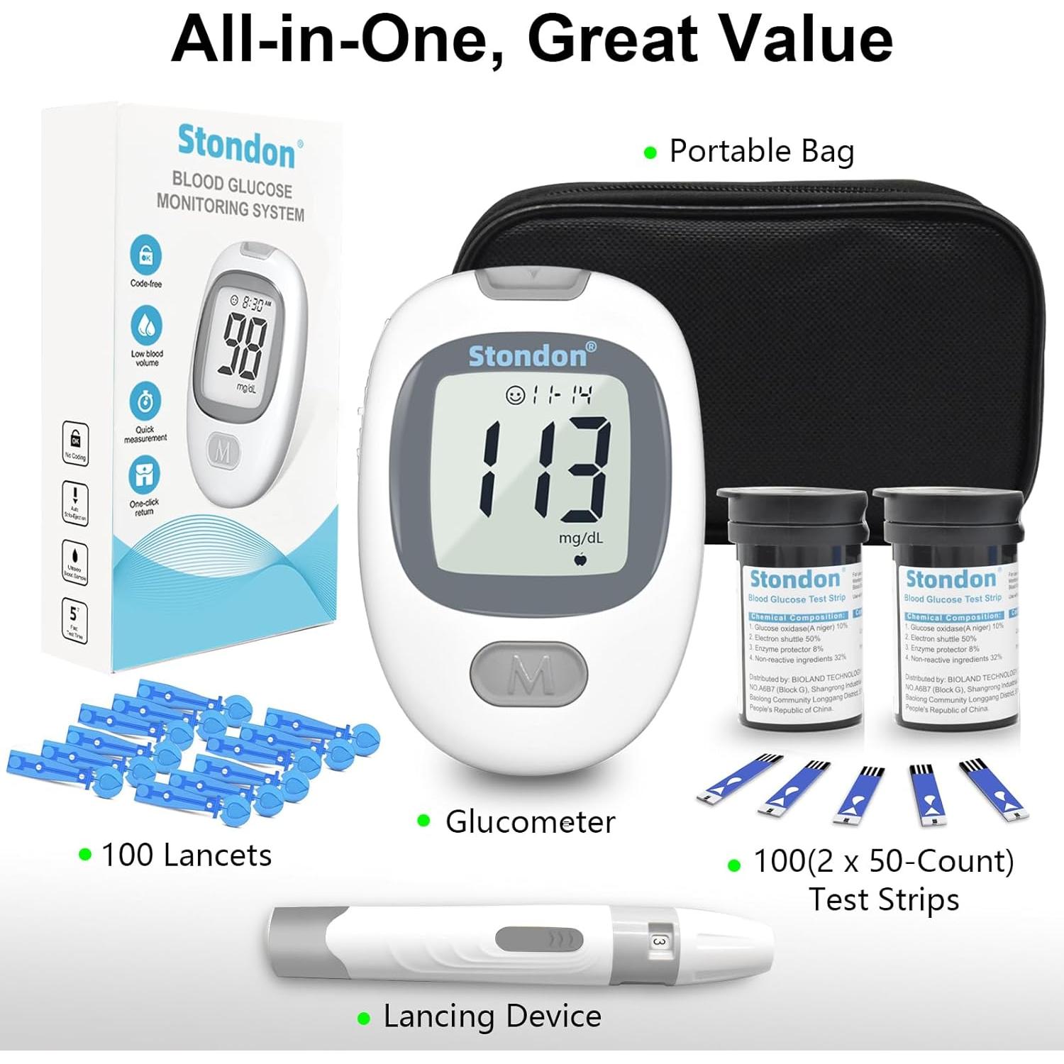 Kit de Monitor de Glucosa Stondon G430 con 100 Tiras y Lancetas