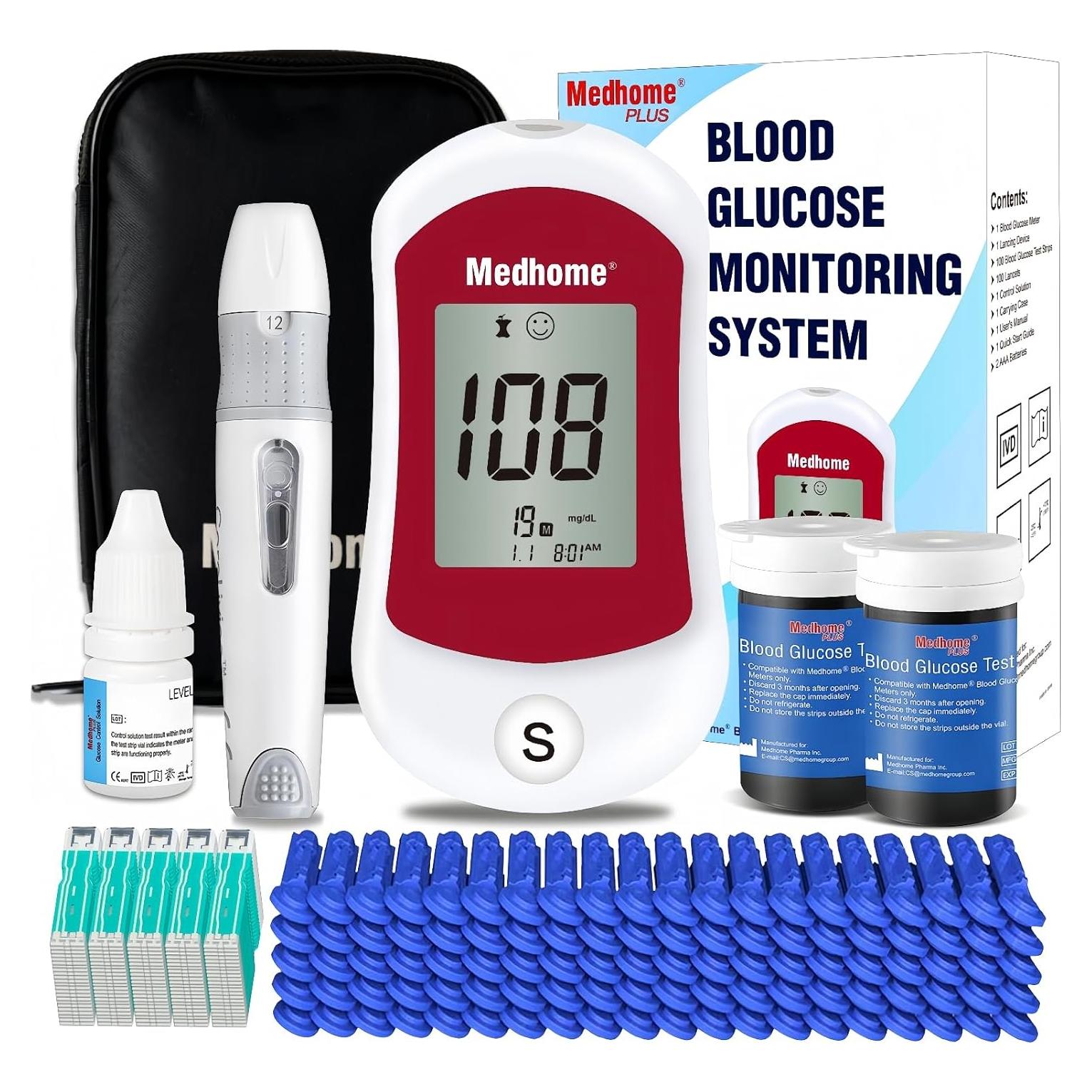 Kit de Monitor de Glucosa Medhome con 100 Tiras y Lancetas