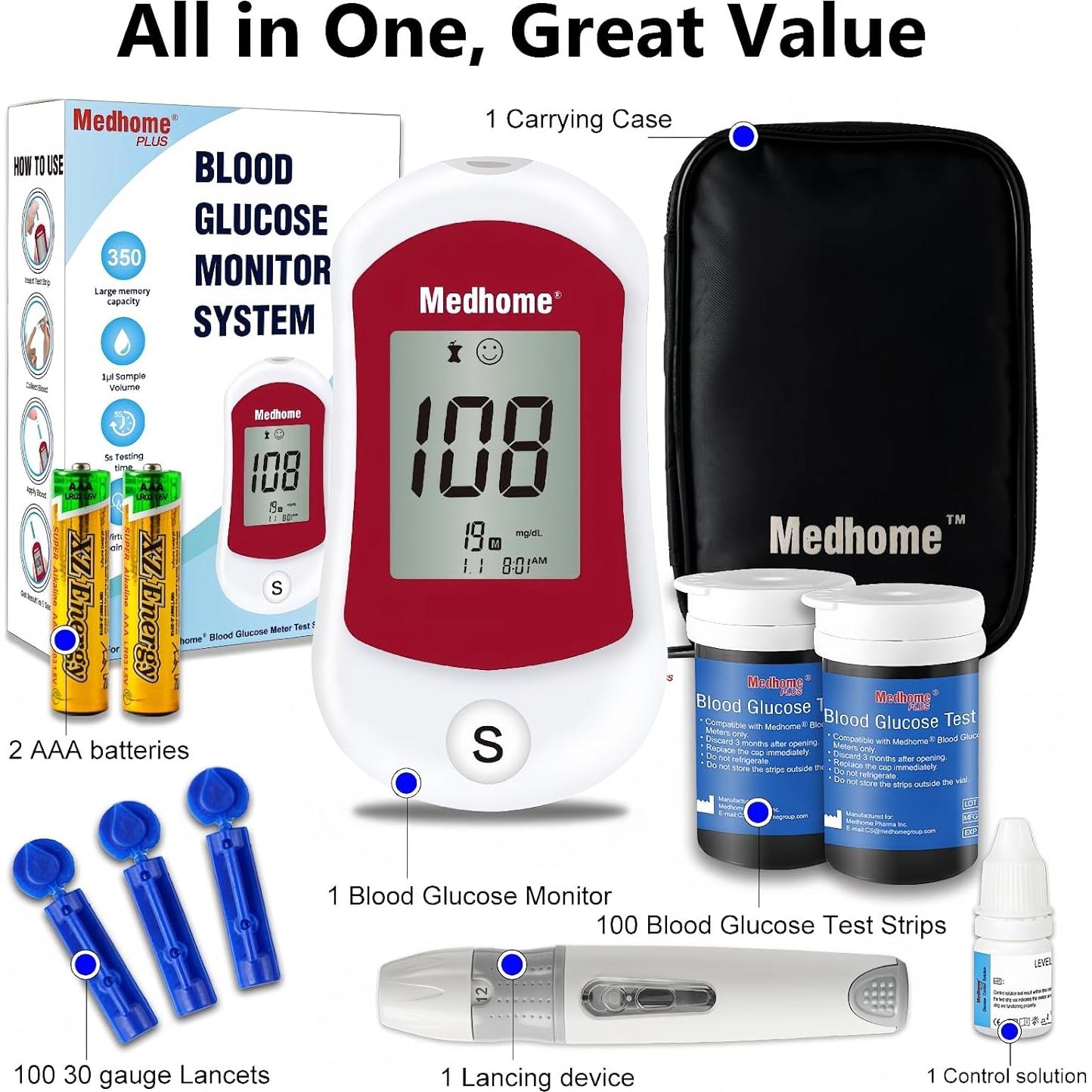 Kit de Monitor de Glucosa Medhome con 100 Tiras y Lancetas