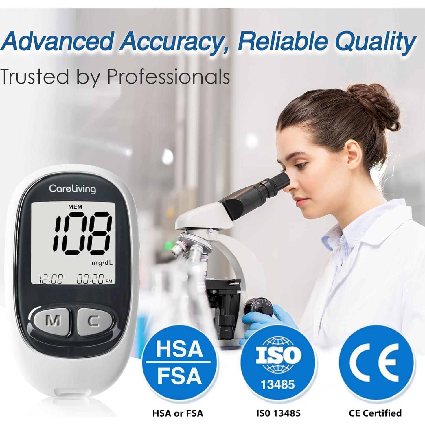 Kit de Monitoreo de Glucosa CareLiving MM1100 - 100 Tiras y Lancetas